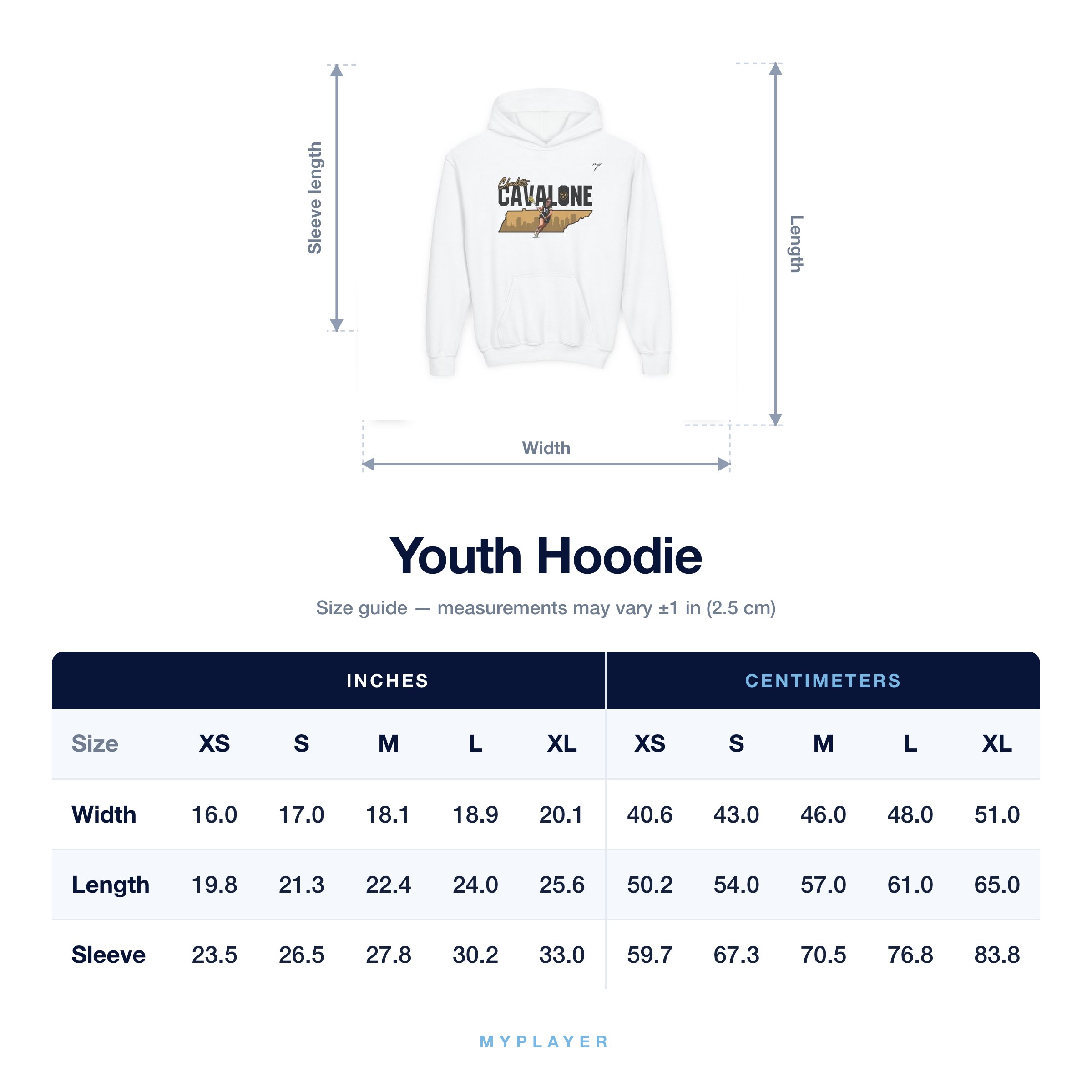 Youth Hoodie size chart