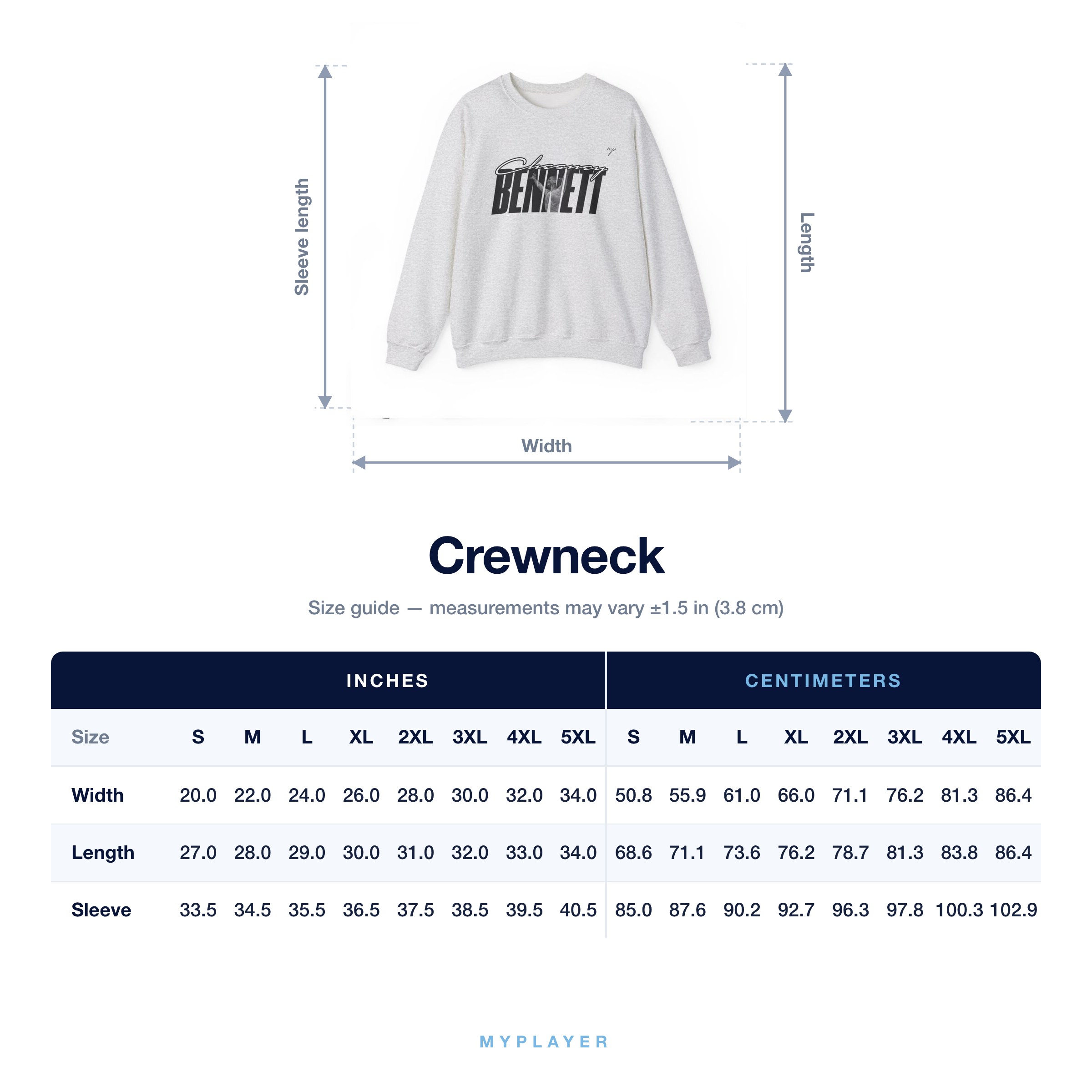 Crewneck size chart