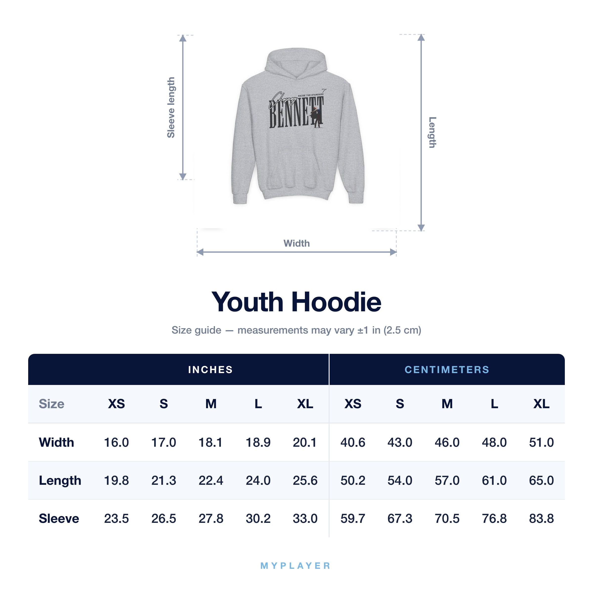 Youth Hoodie size chart