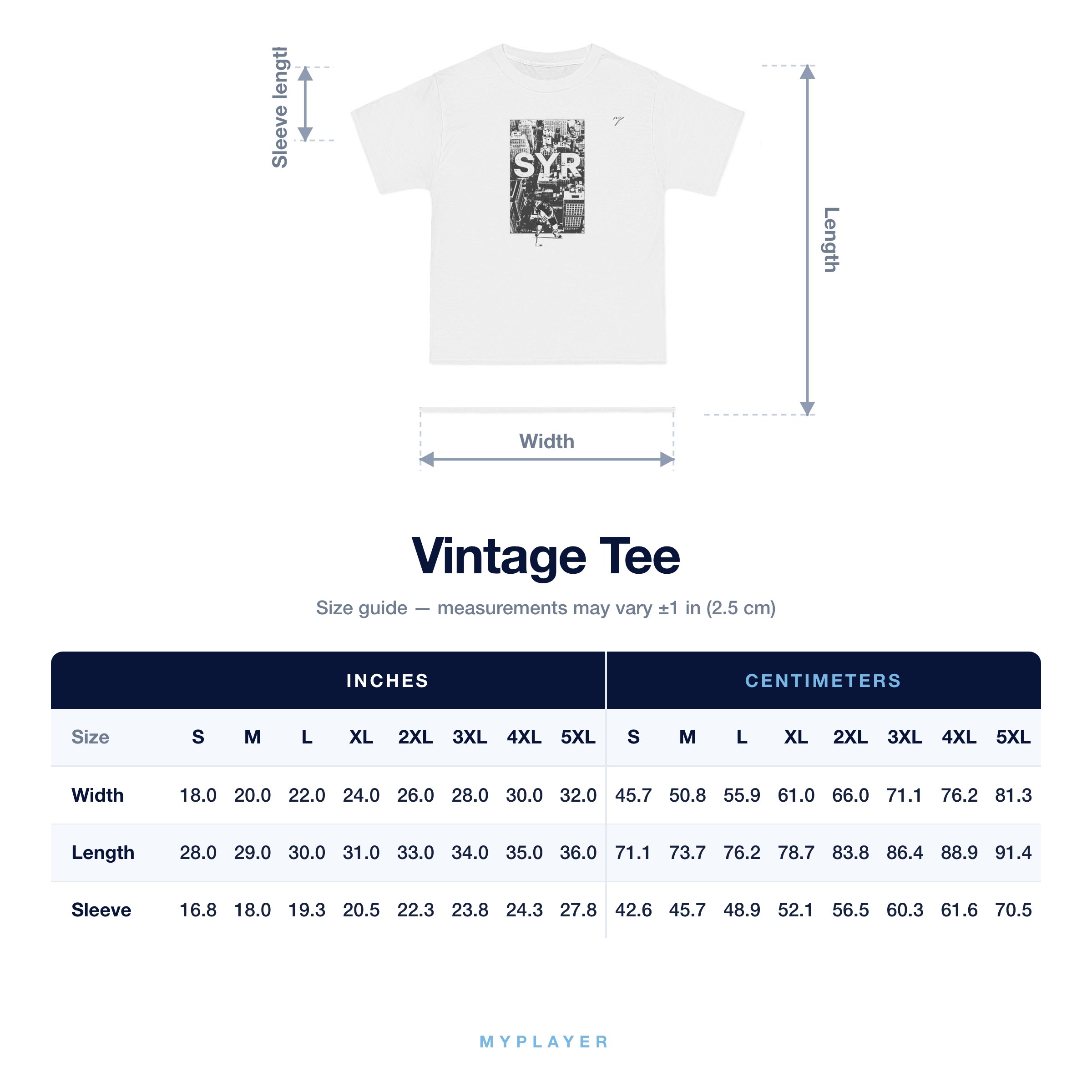 Vintage Tee size chart