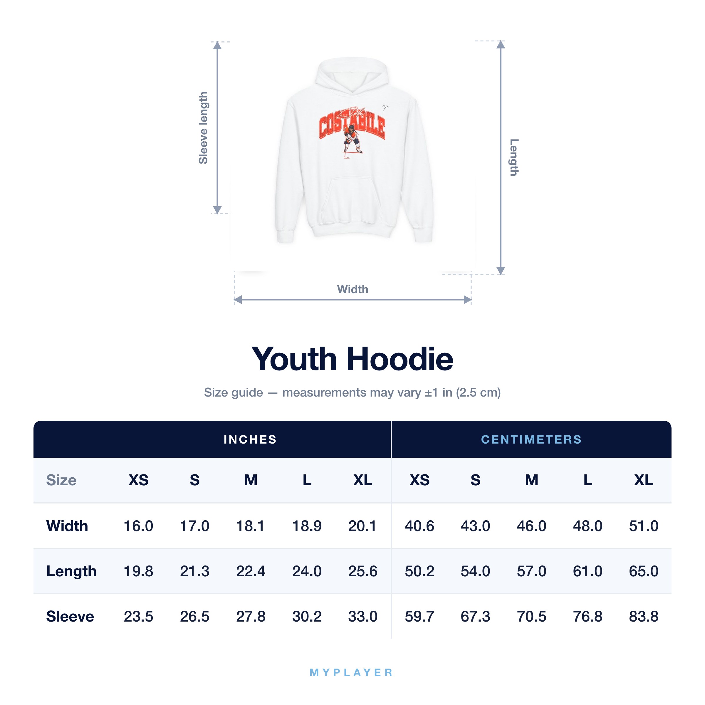 Youth Hoodie size chart