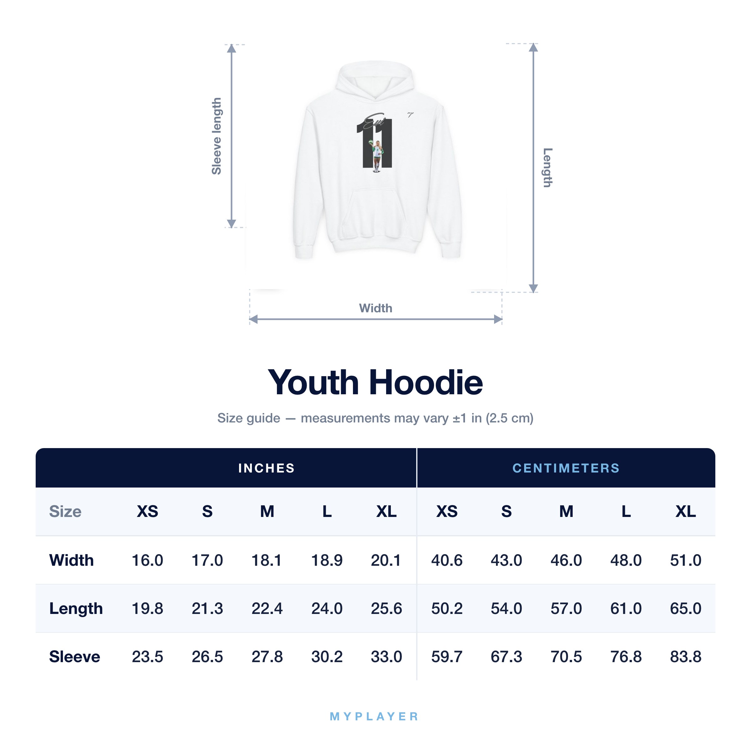 Youth Hoodie size chart