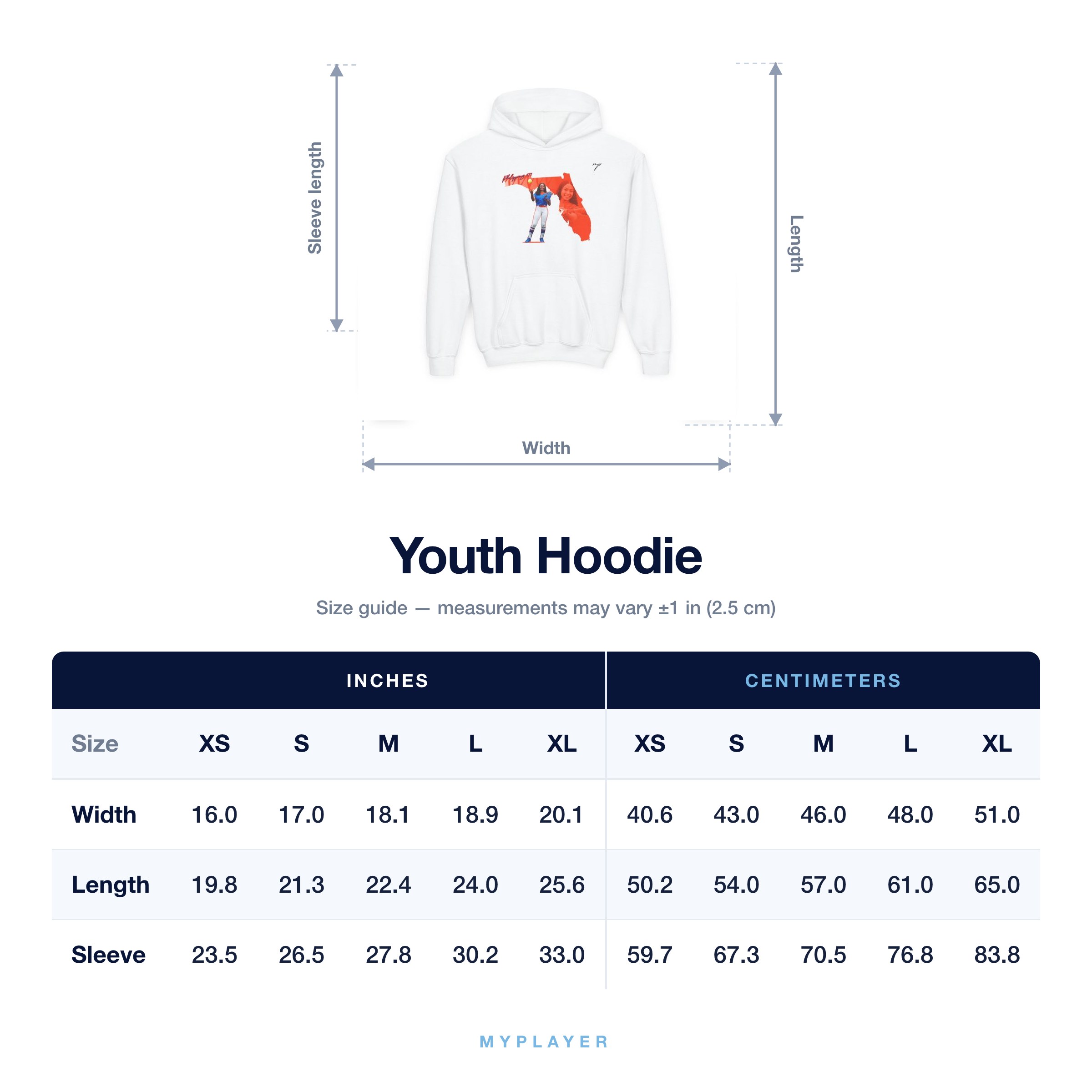 Youth Hoodie size chart