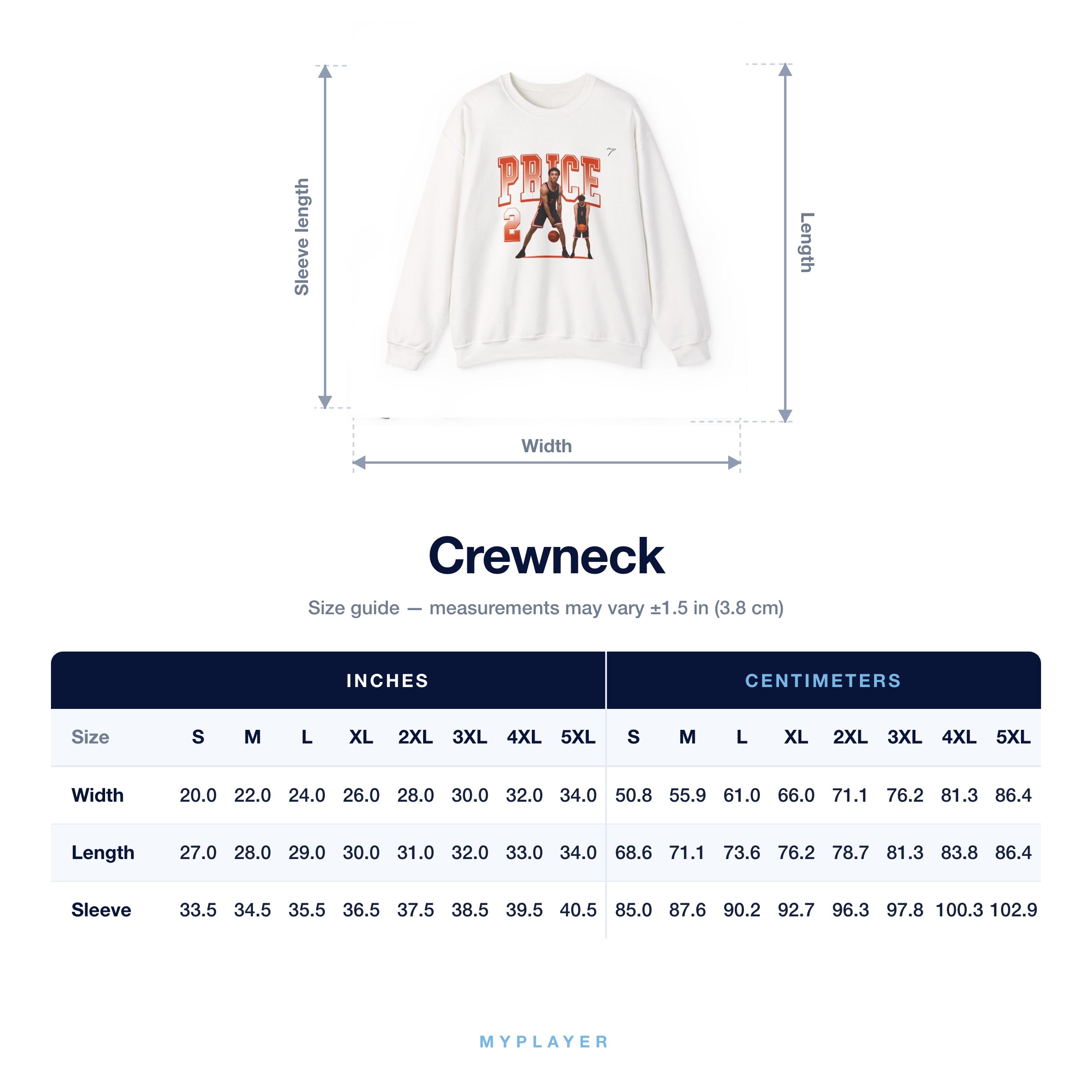 Crewneck size chart