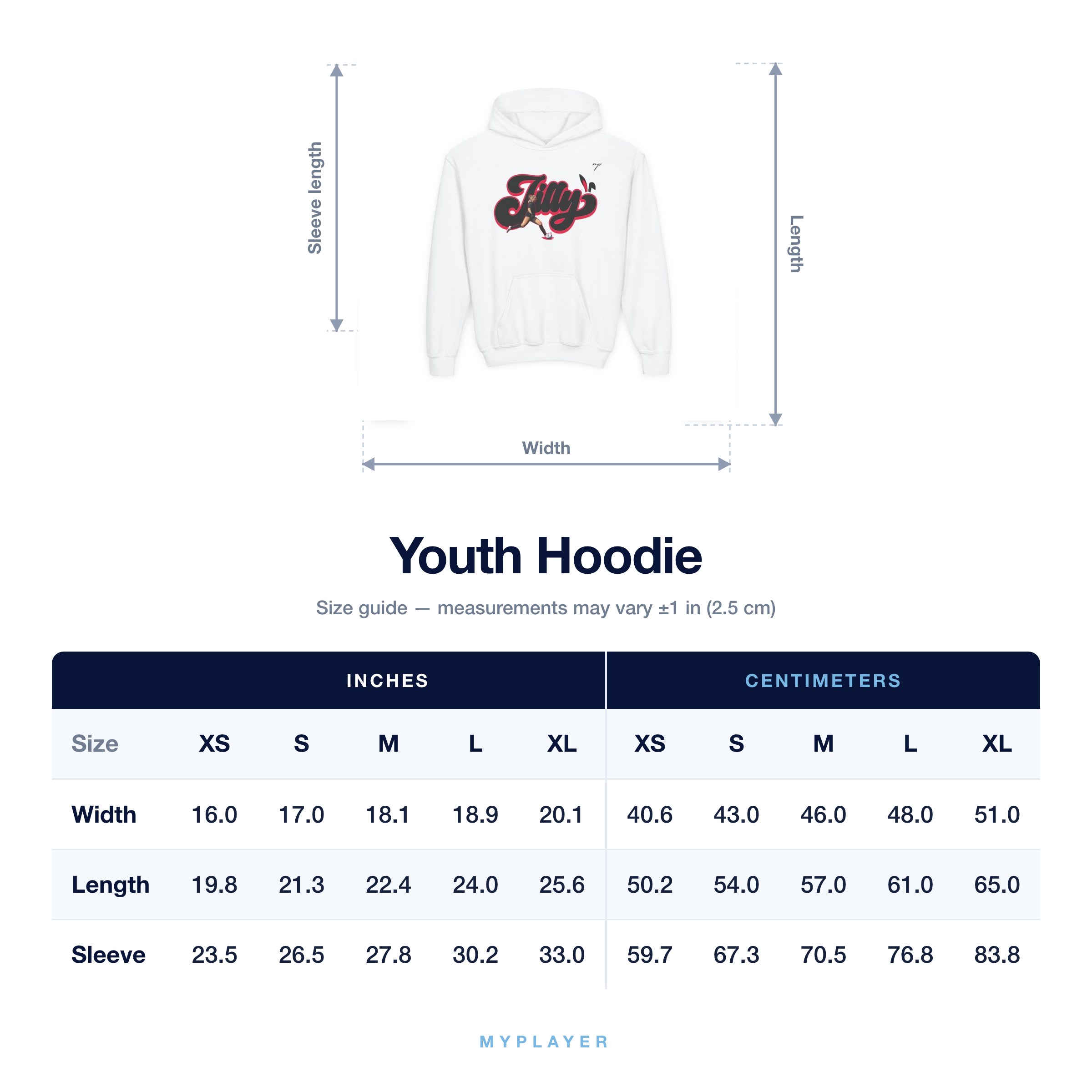 Youth Hoodie size chart