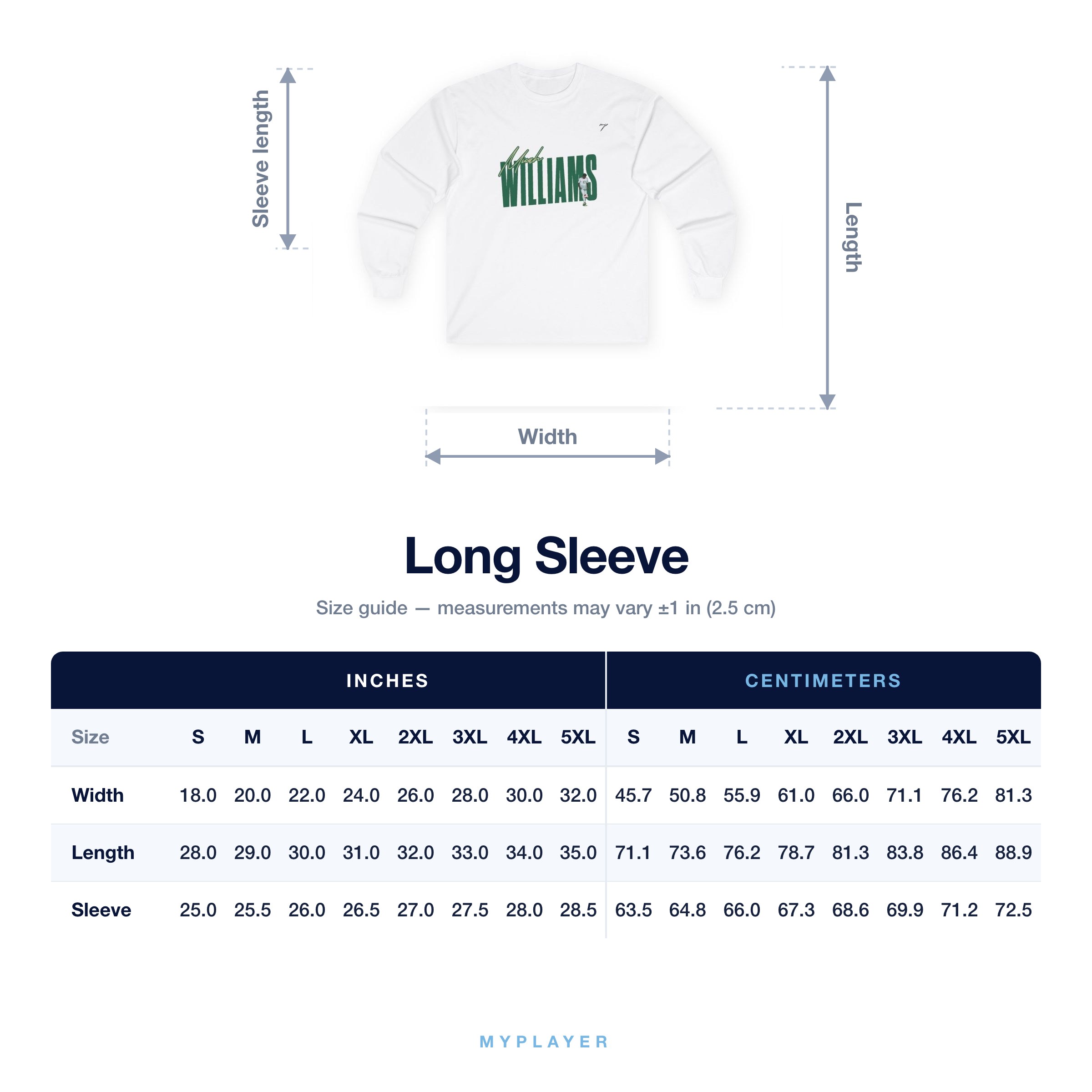 Long Sleeve size chart