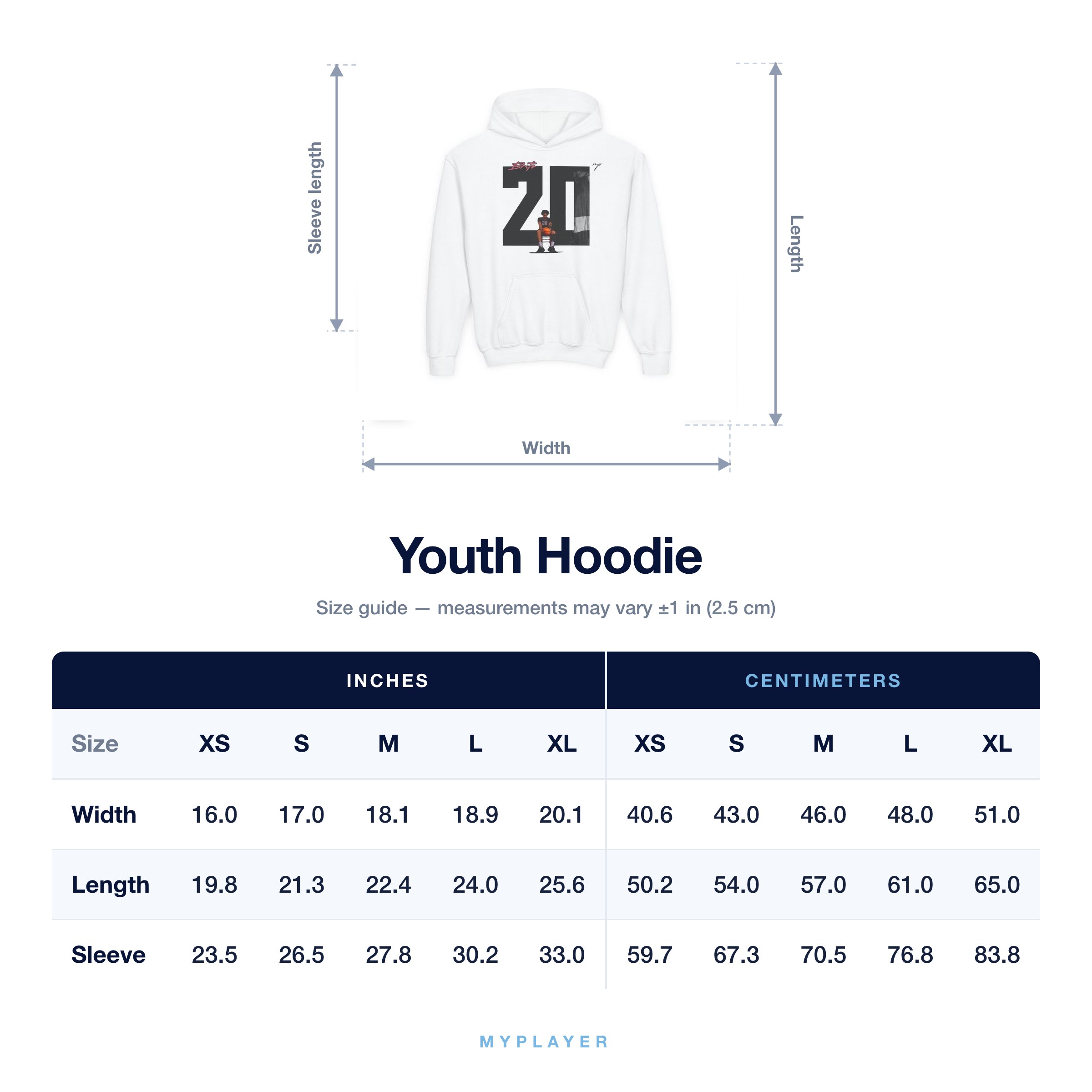 Youth Hoodie size chart