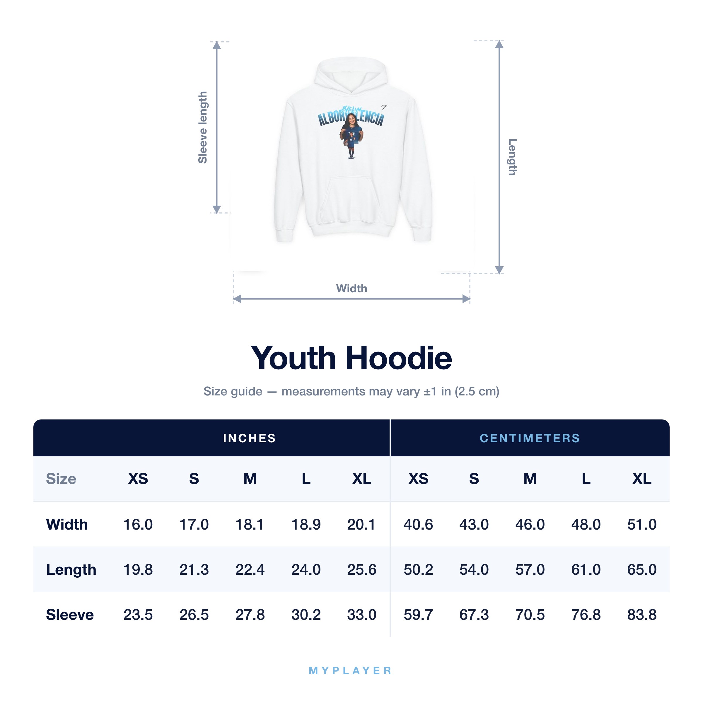 Youth Hoodie size chart