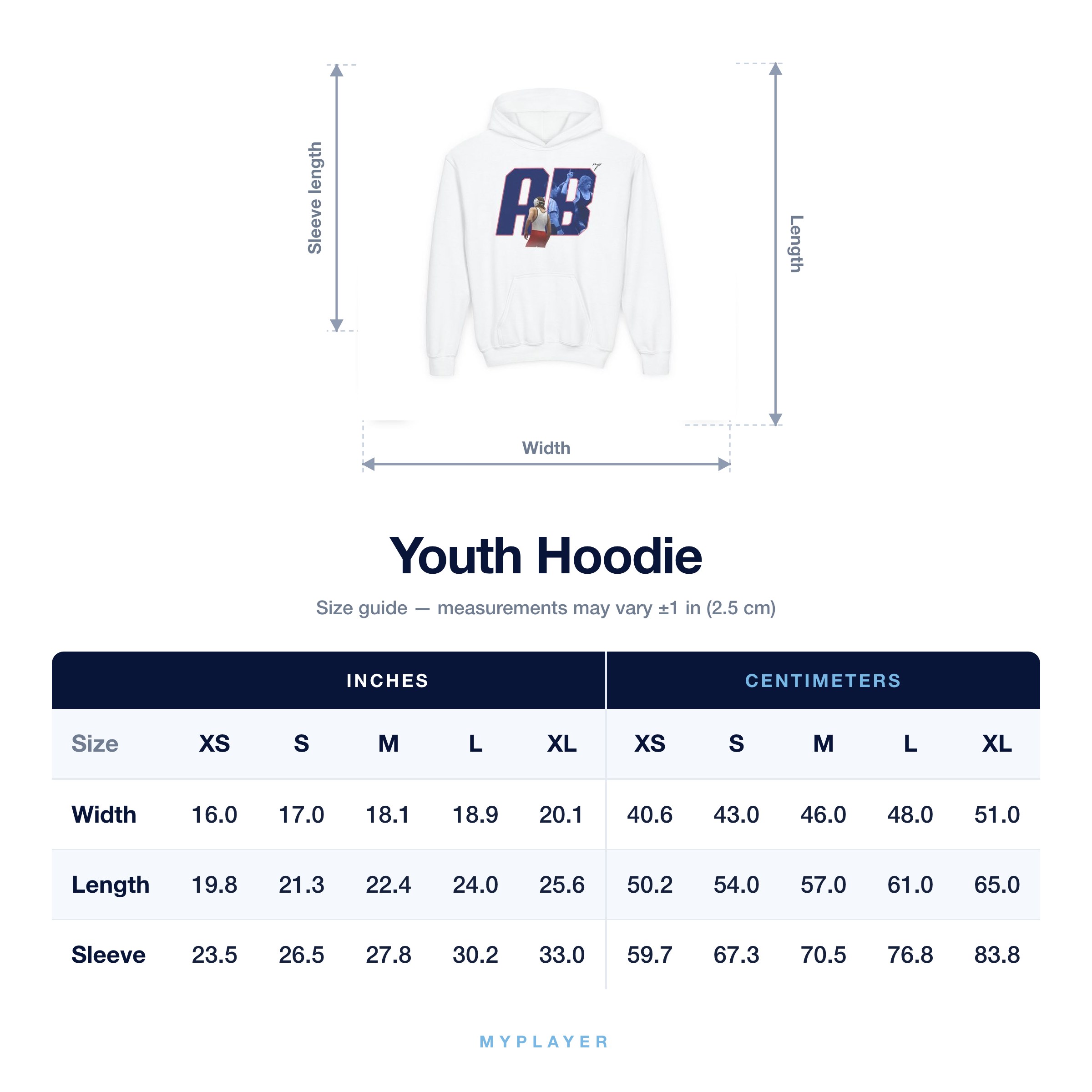 Youth Hoodie size chart