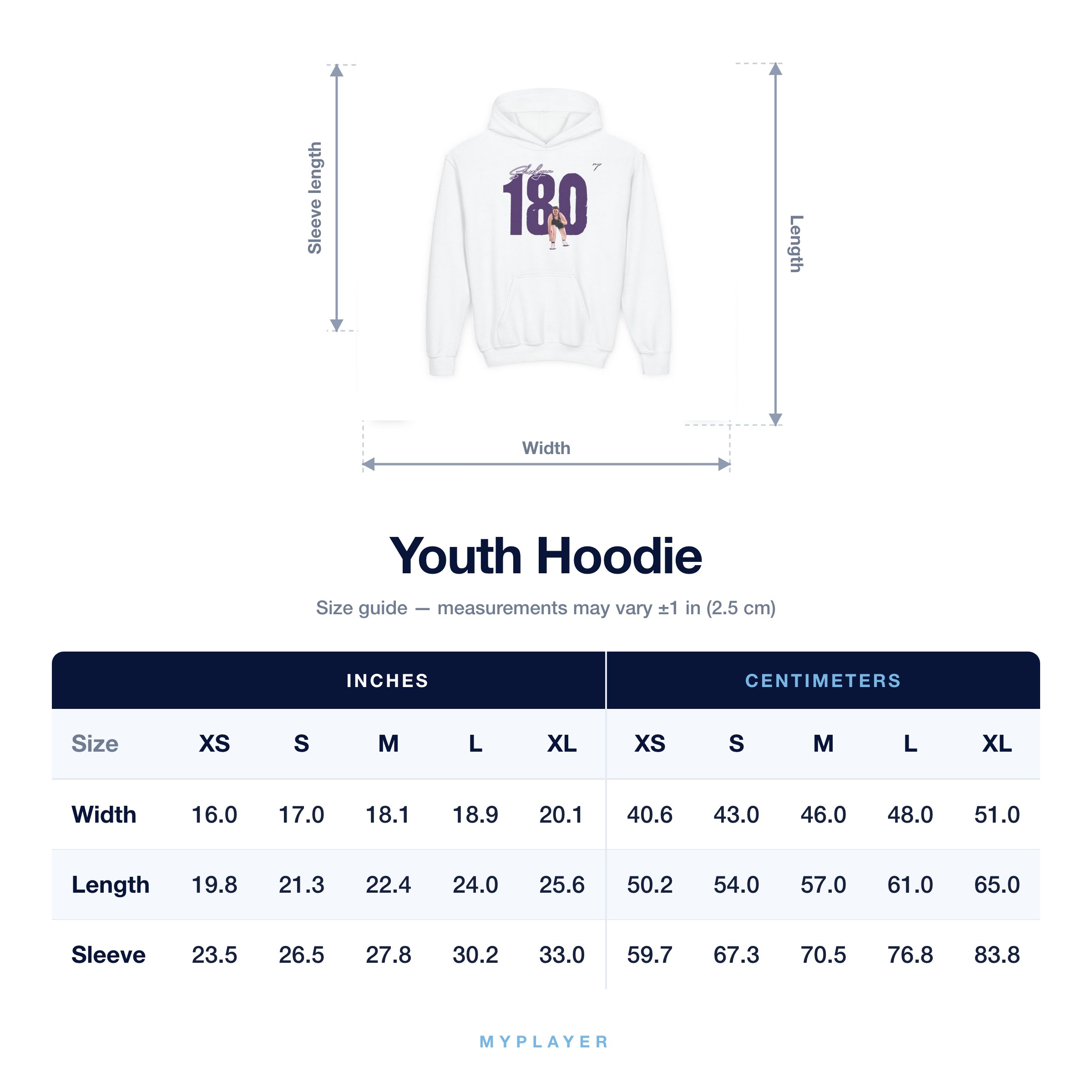 Youth Hoodie size chart