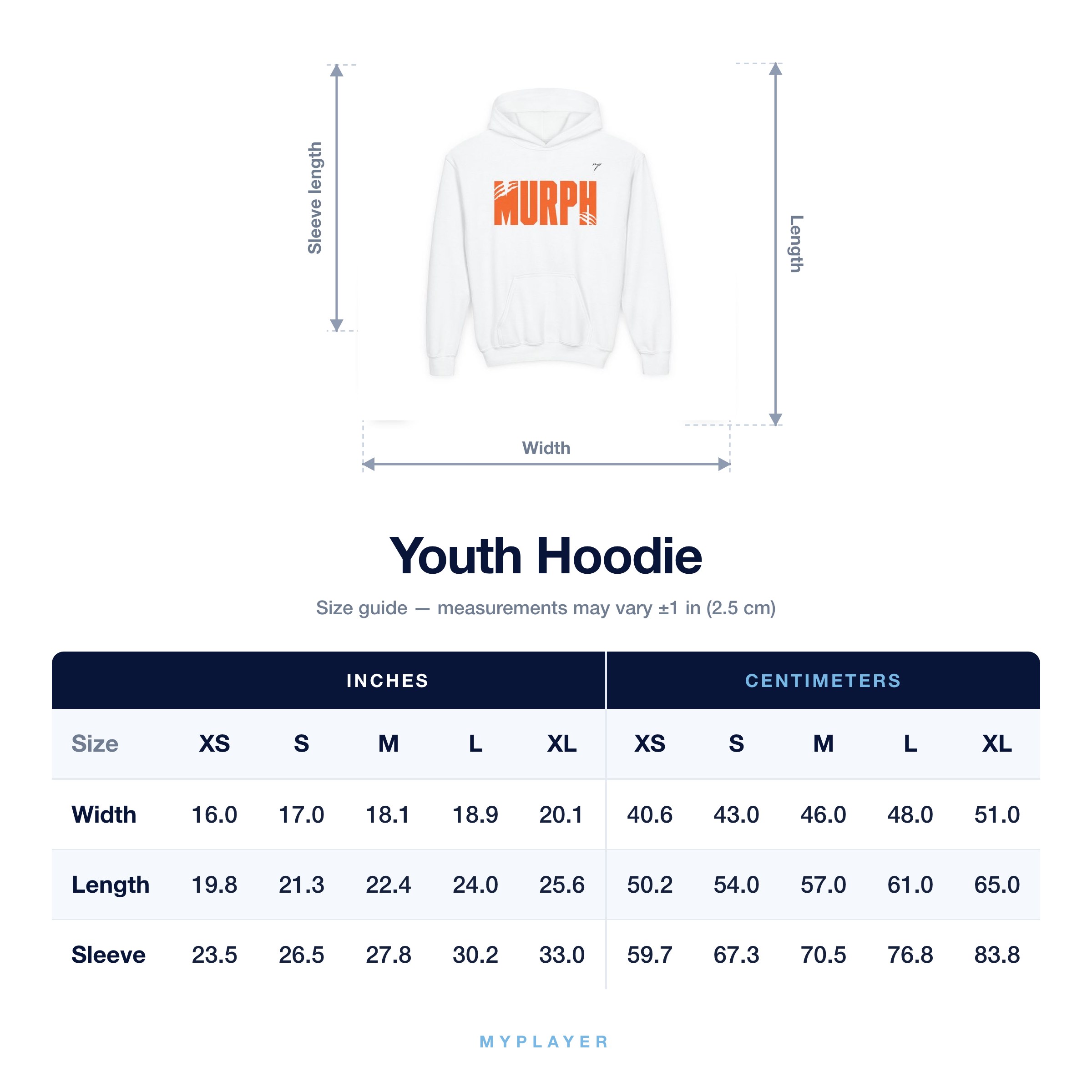 Youth Hoodie size chart