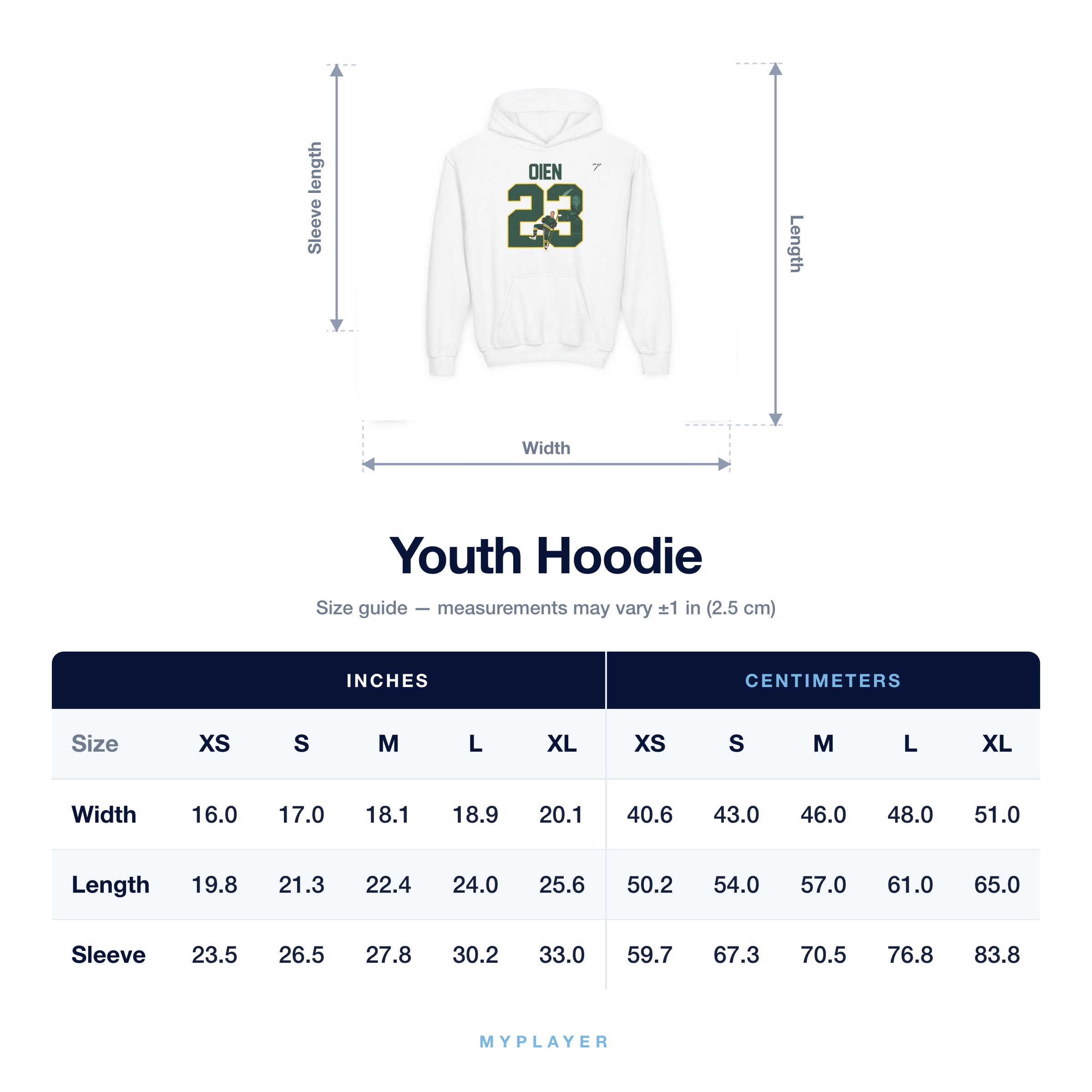 Youth Hoodie size chart