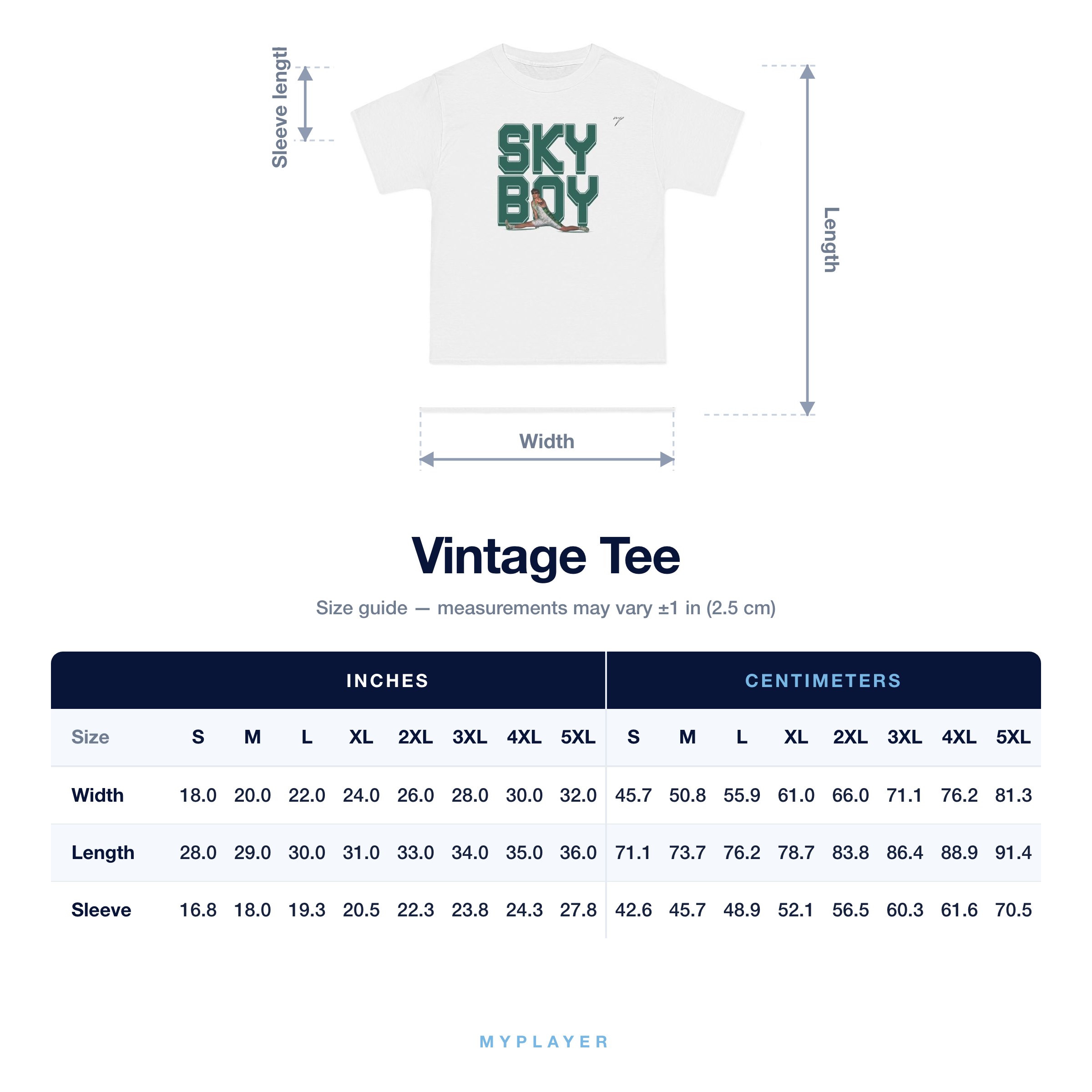 Vintage Tee size chart