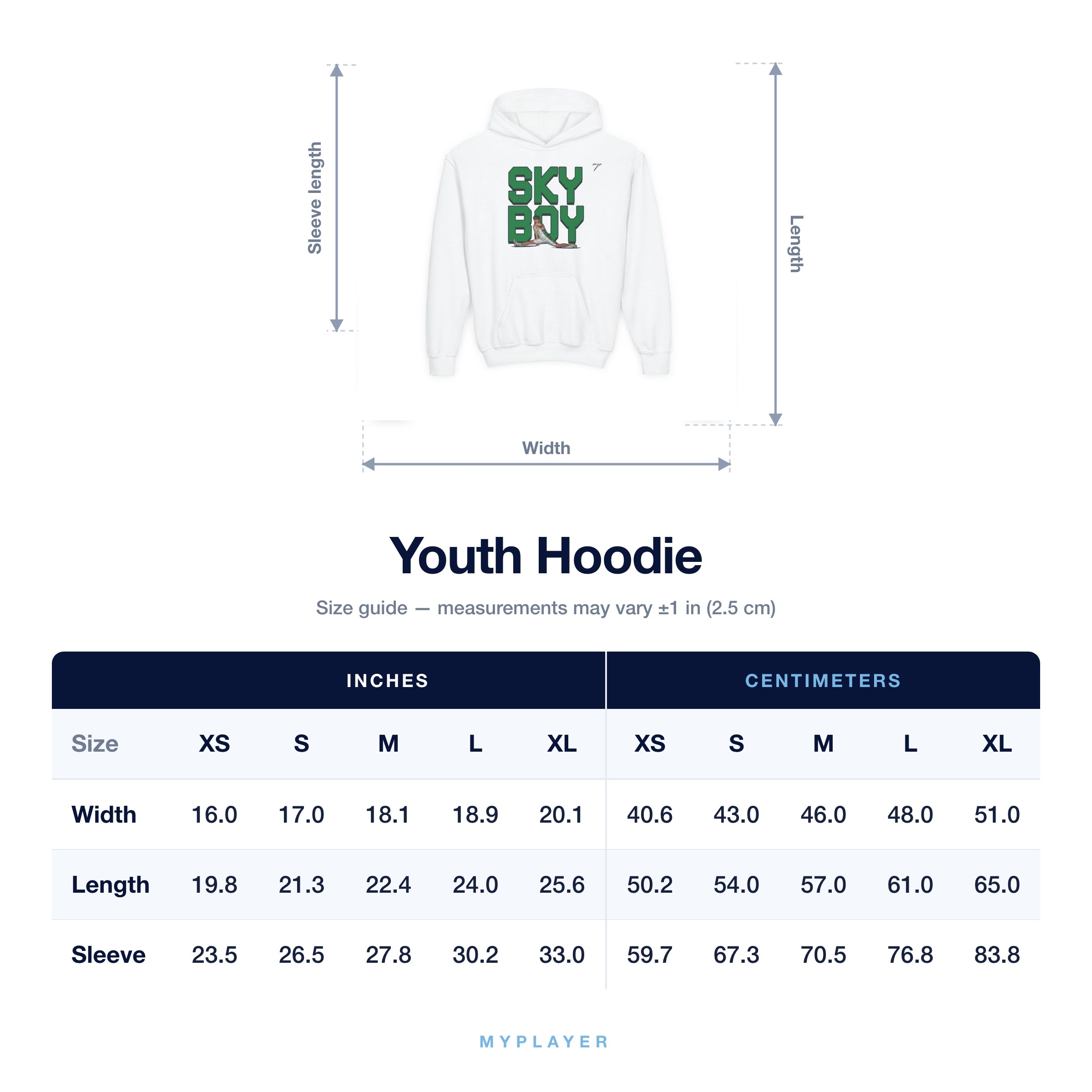 Youth Hoodie size chart