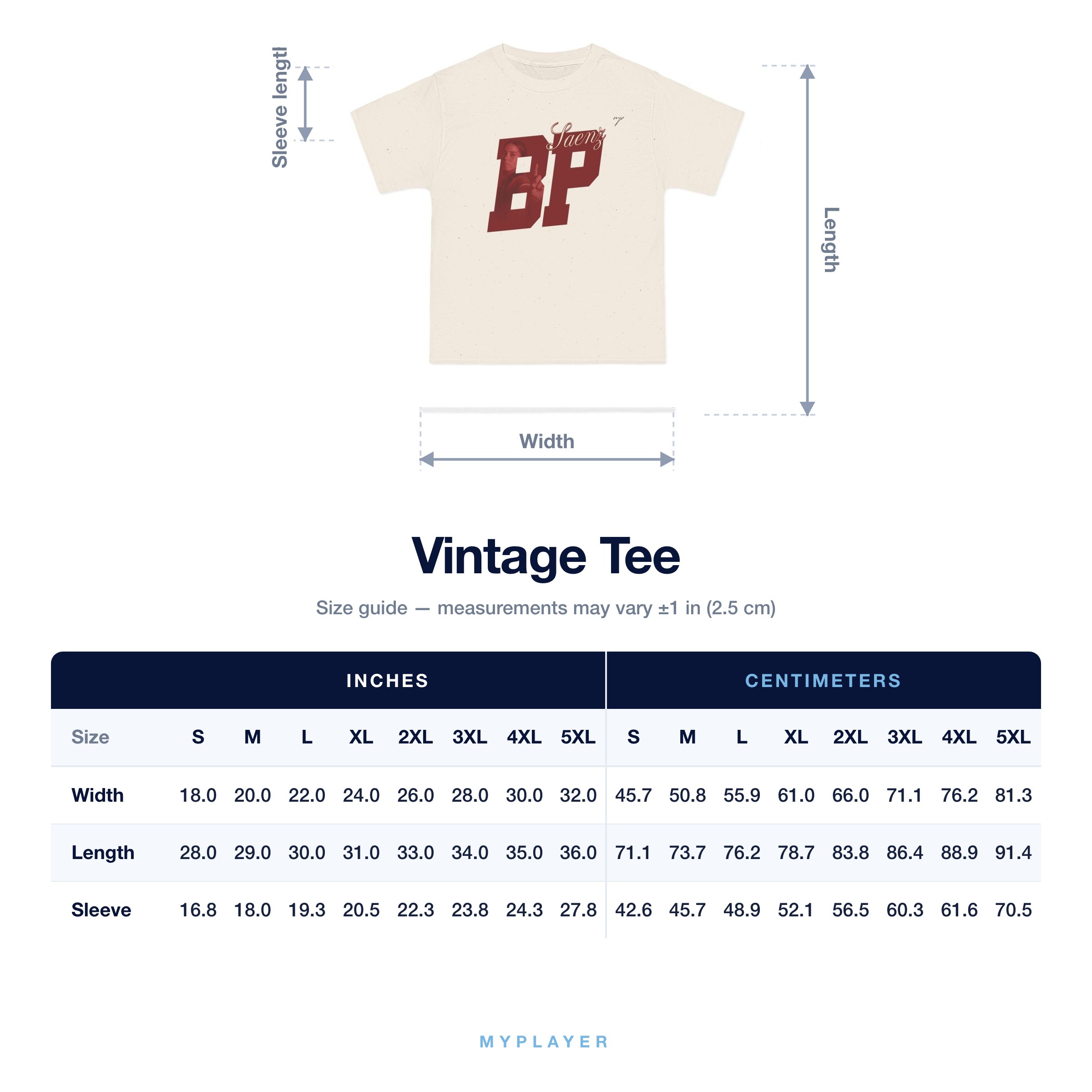 Vintage Tee size chart