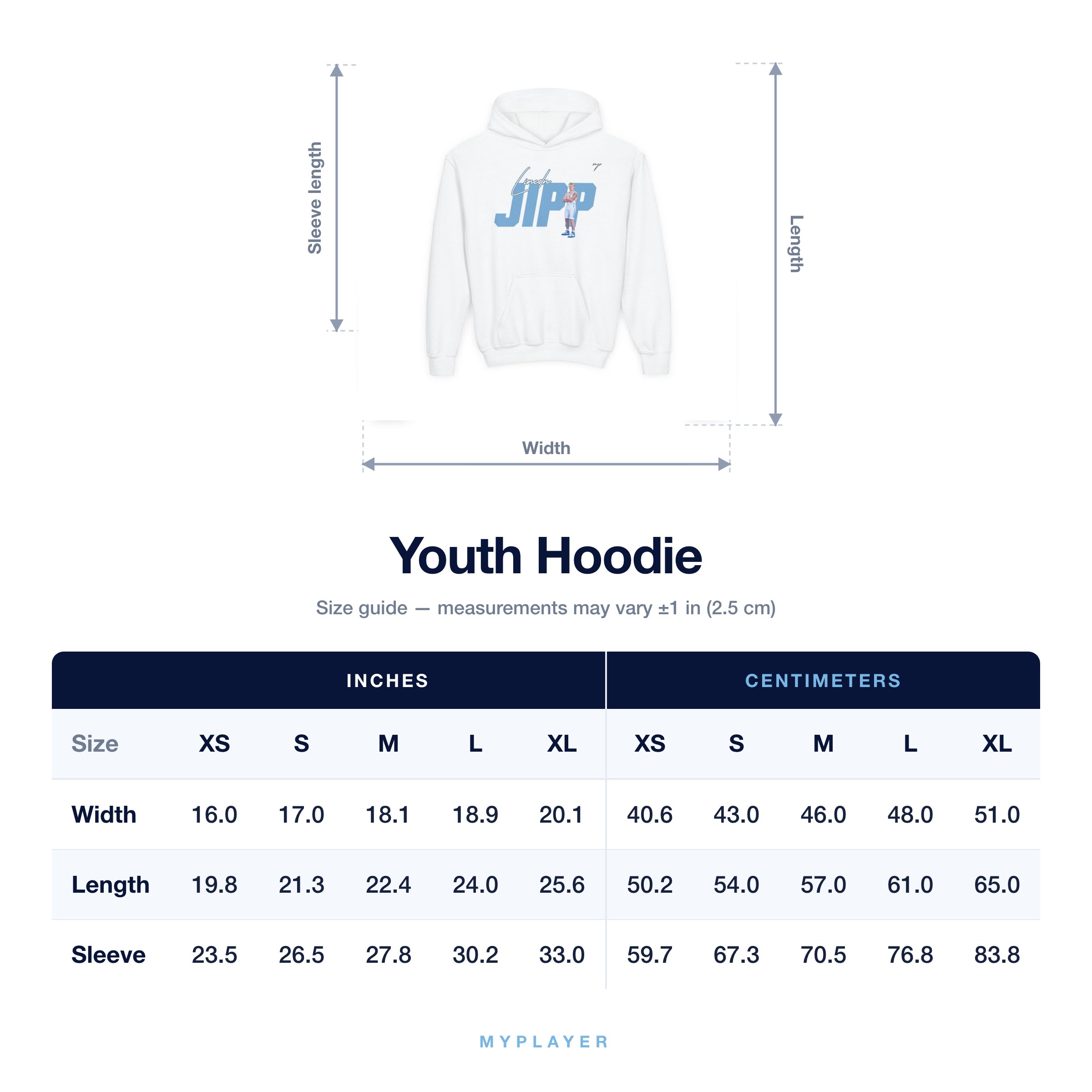 Youth Hoodie size chart