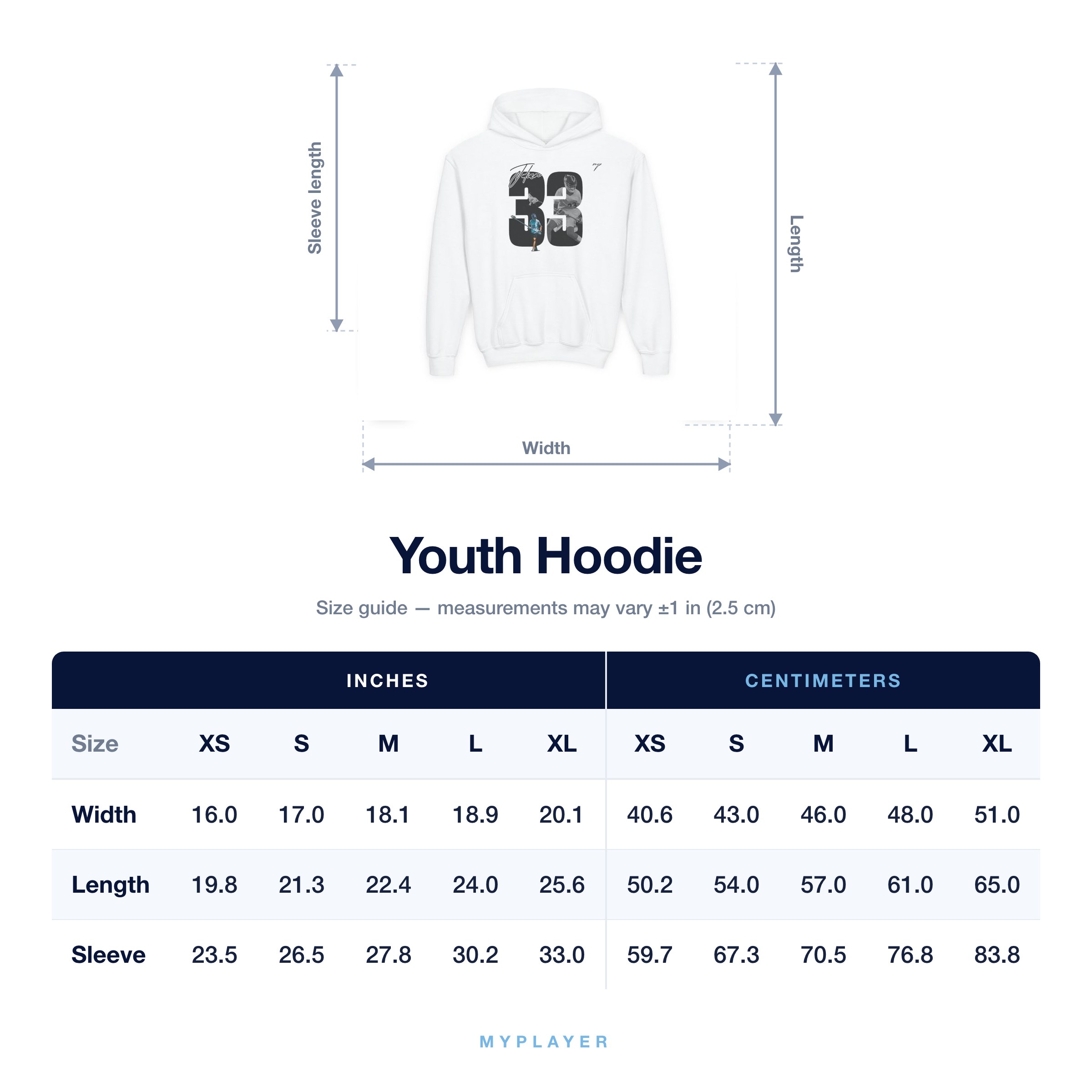 Youth Hoodie size chart