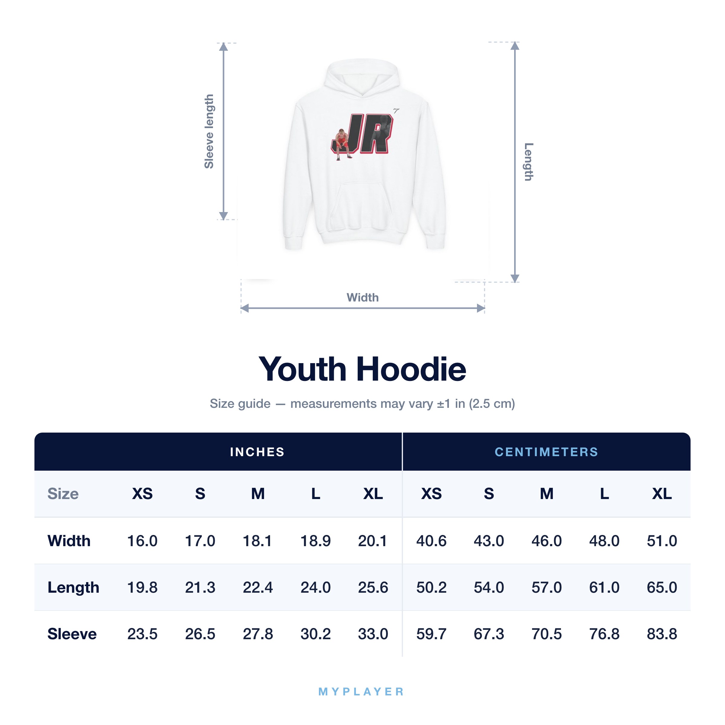 Youth Hoodie size chart