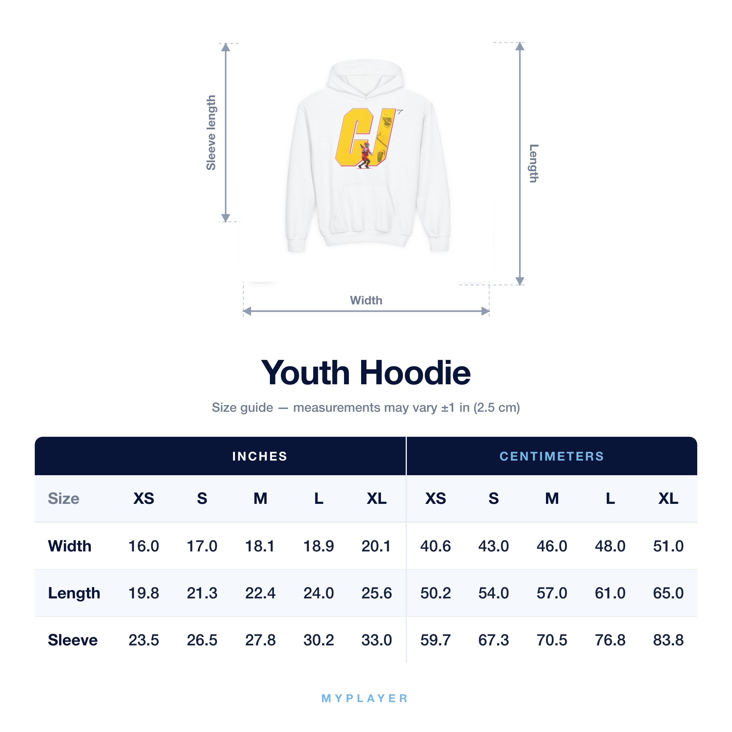 Youth Hoodie size chart