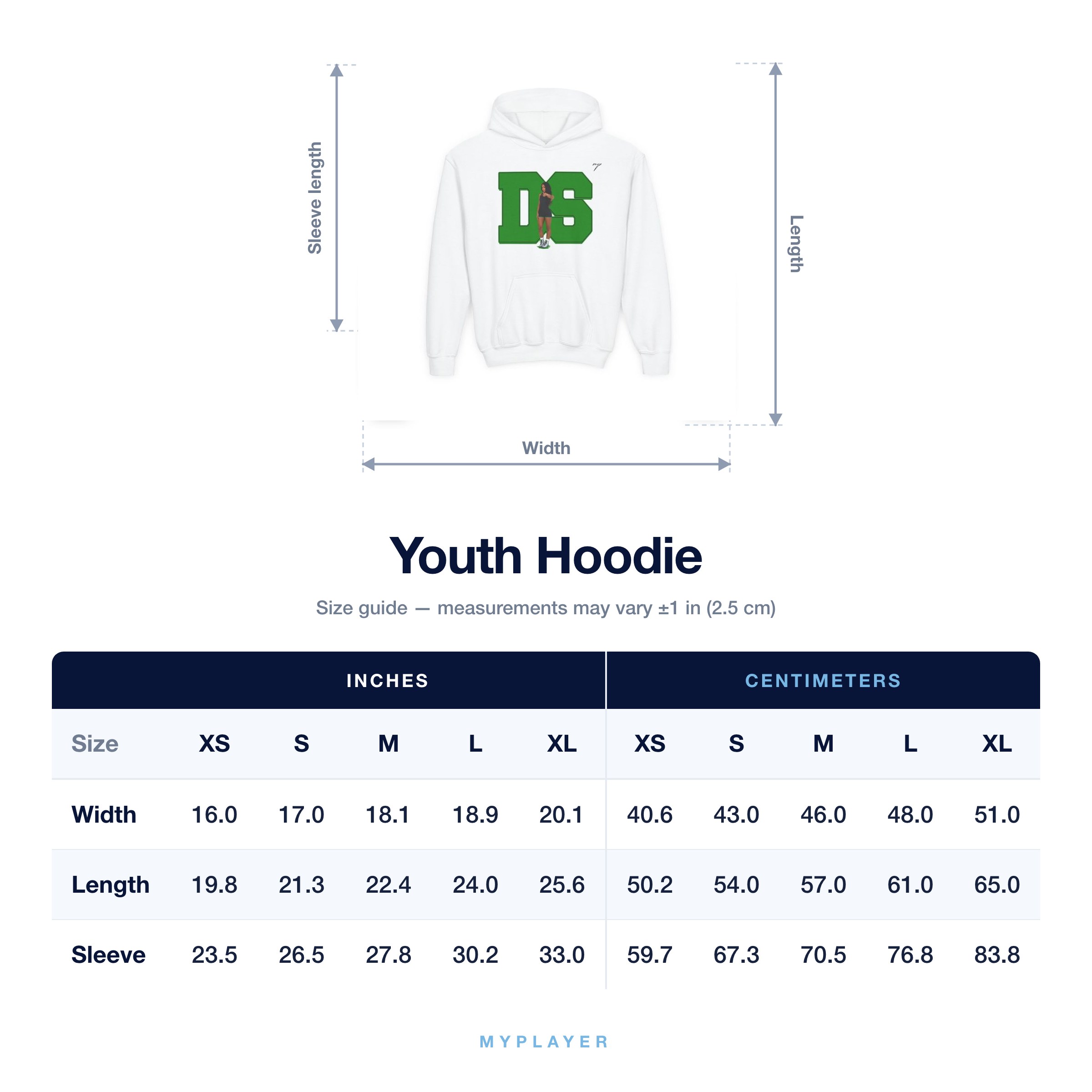 Youth Hoodie size chart