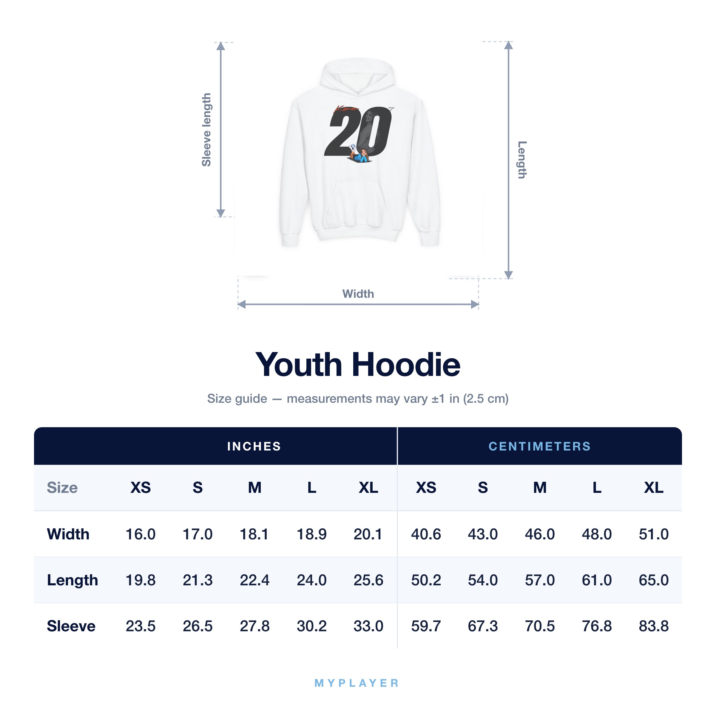 Youth Hoodie size chart