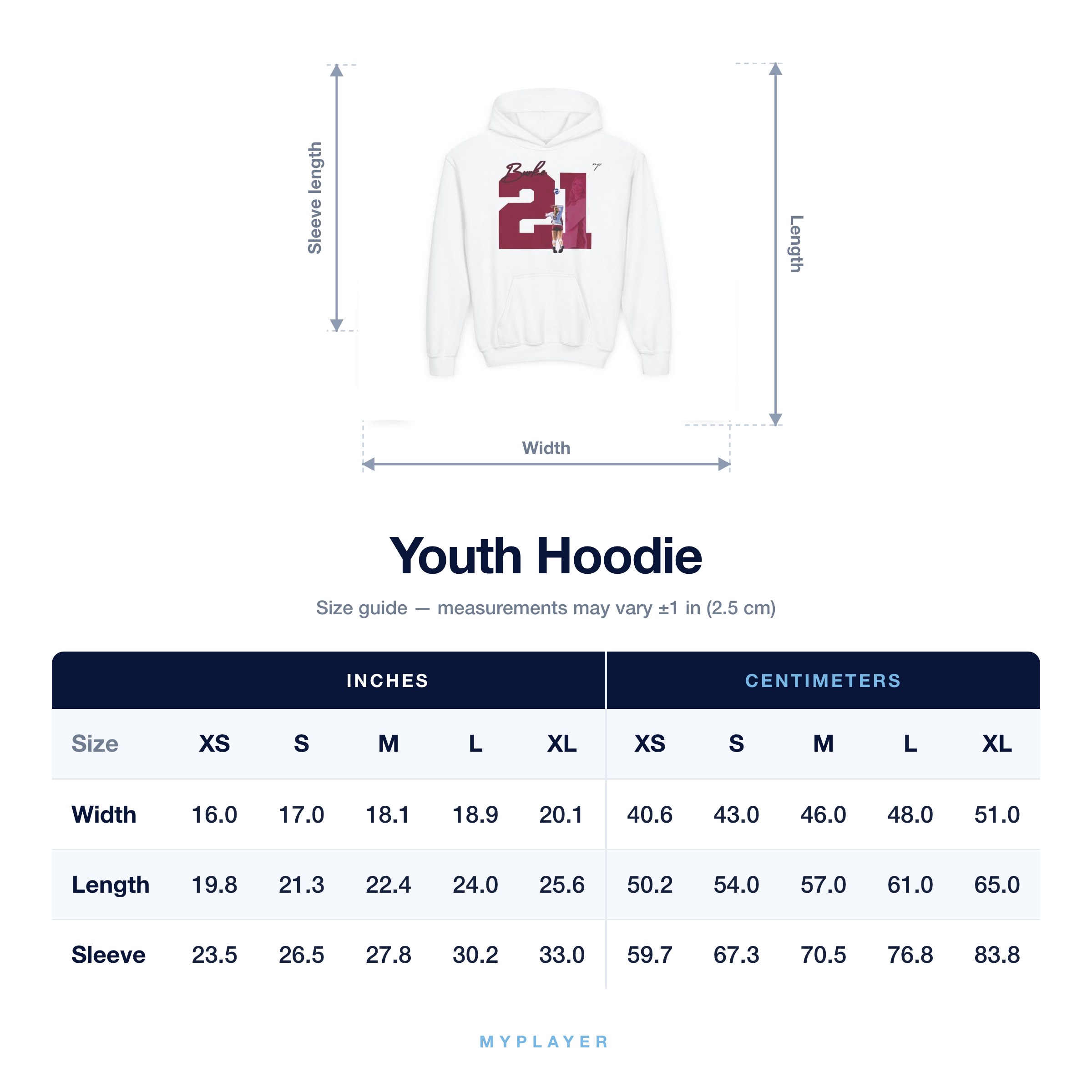 Youth Hoodie size chart