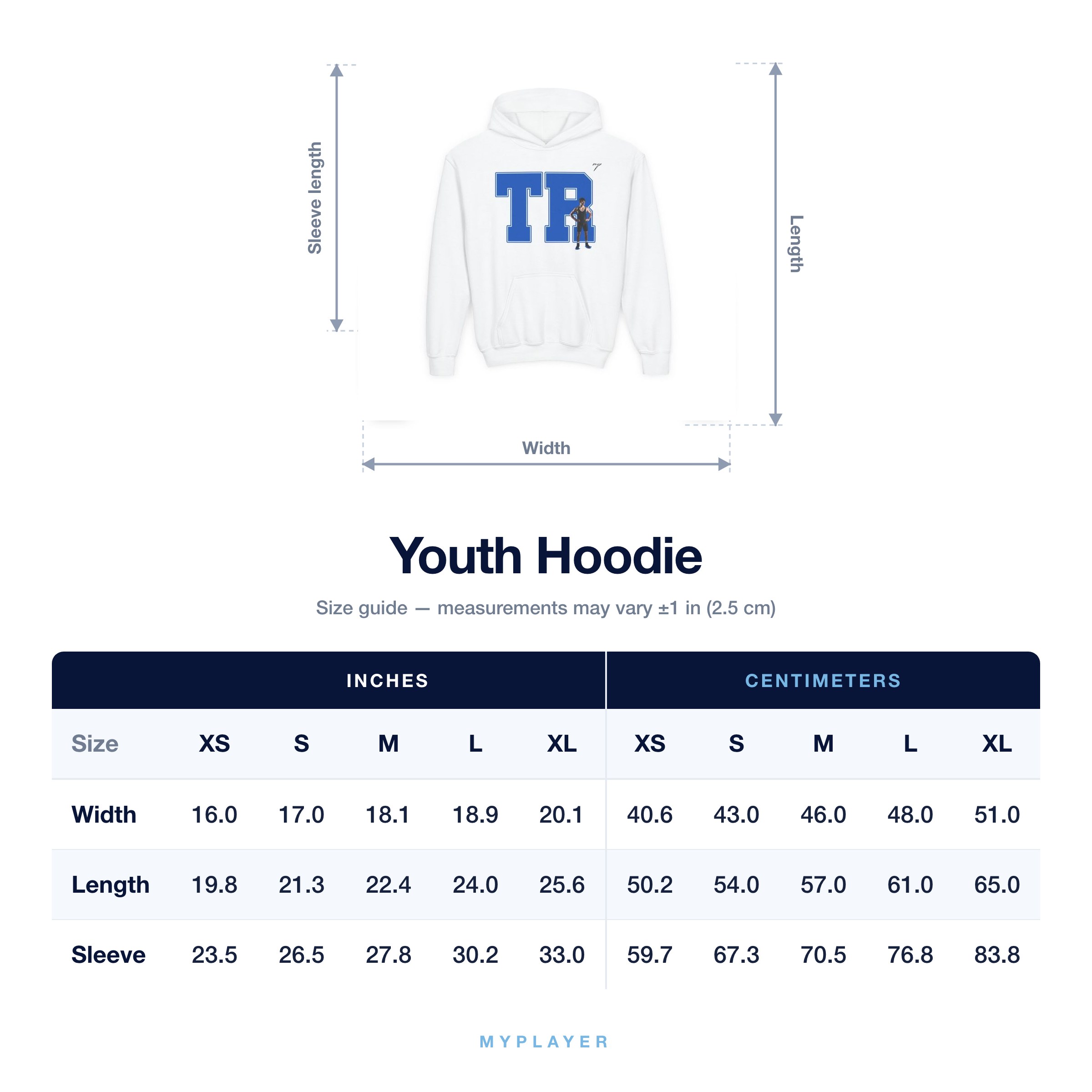 Youth Hoodie size chart