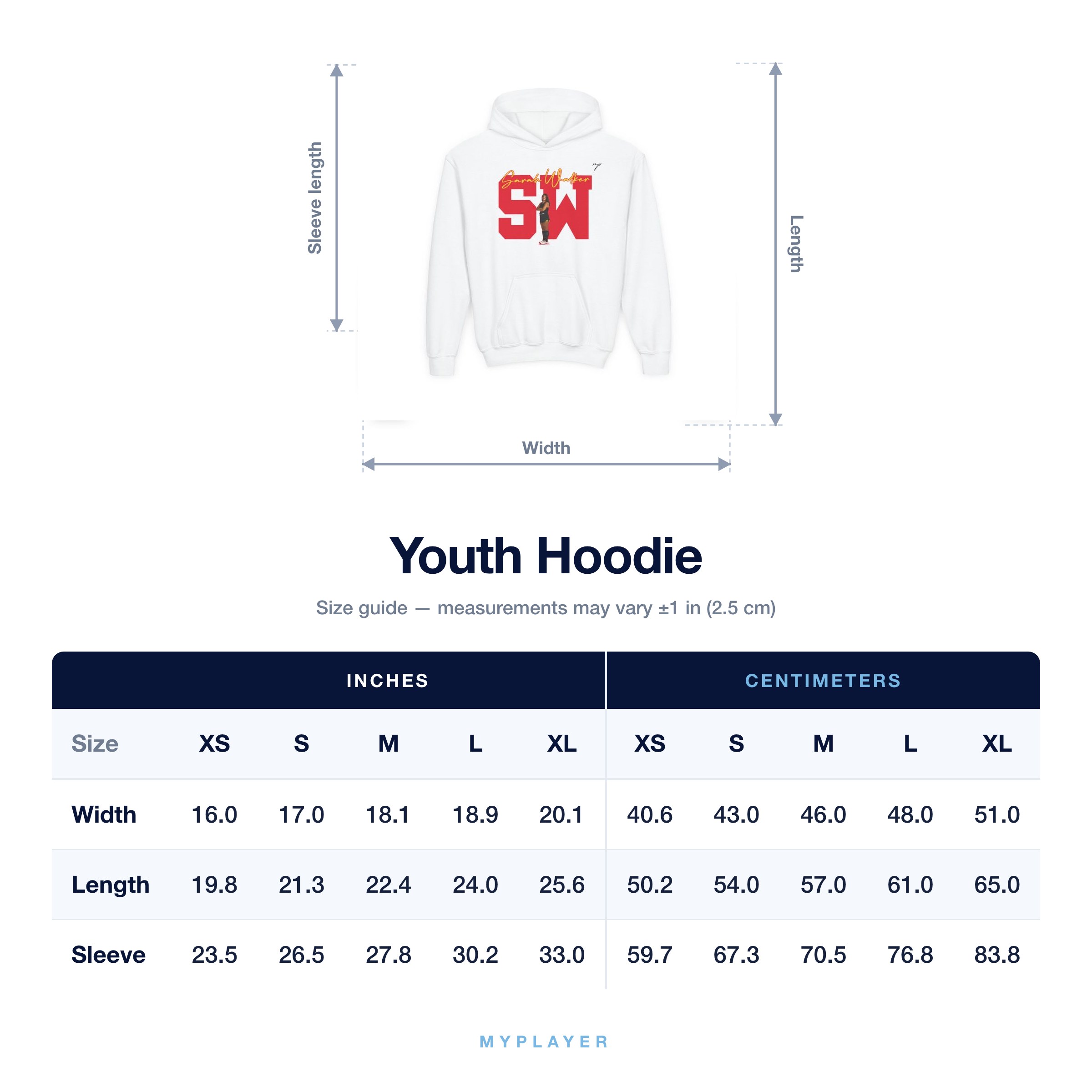 Youth Hoodie size chart