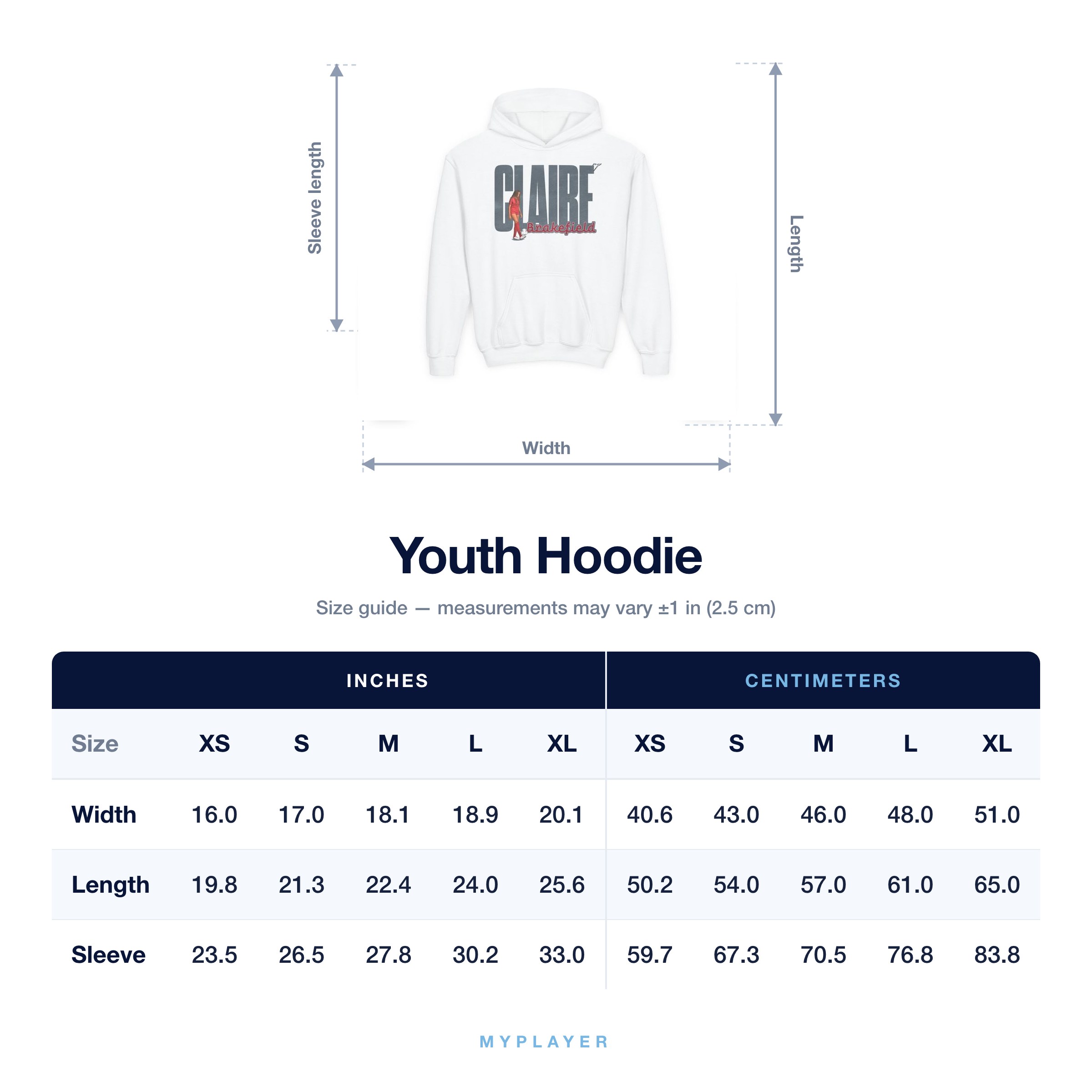 Youth Hoodie size chart
