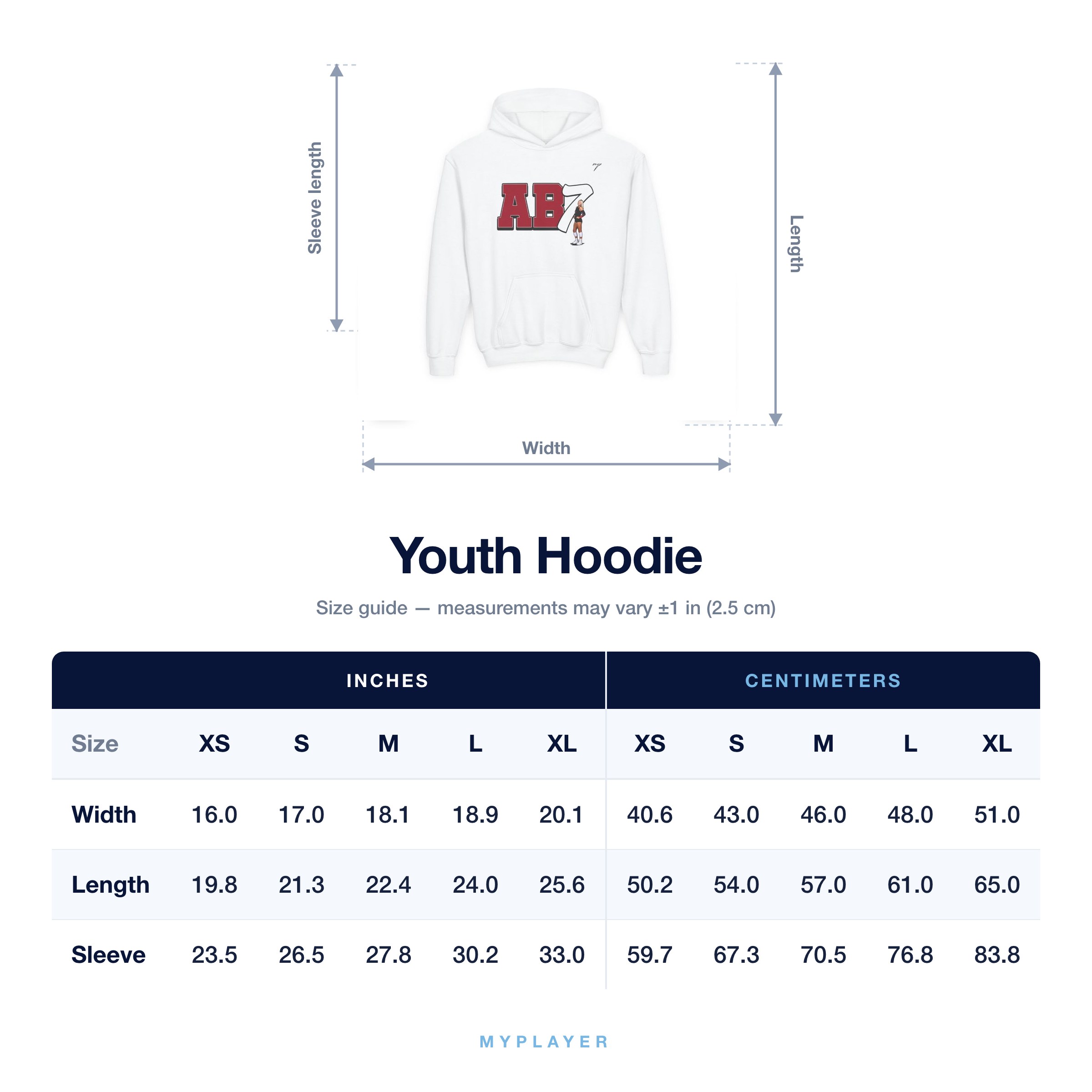 Youth Hoodie size chart