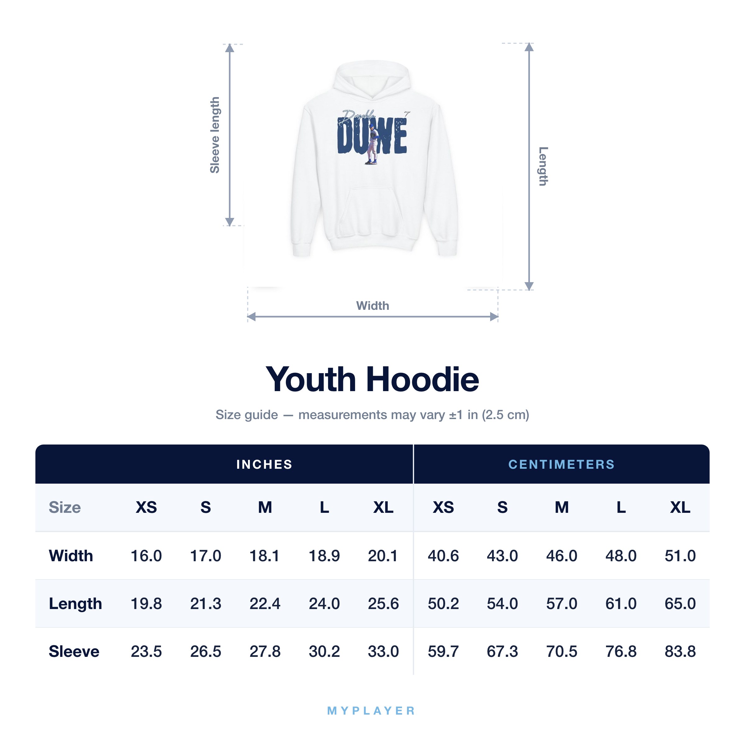 Youth Hoodie size chart