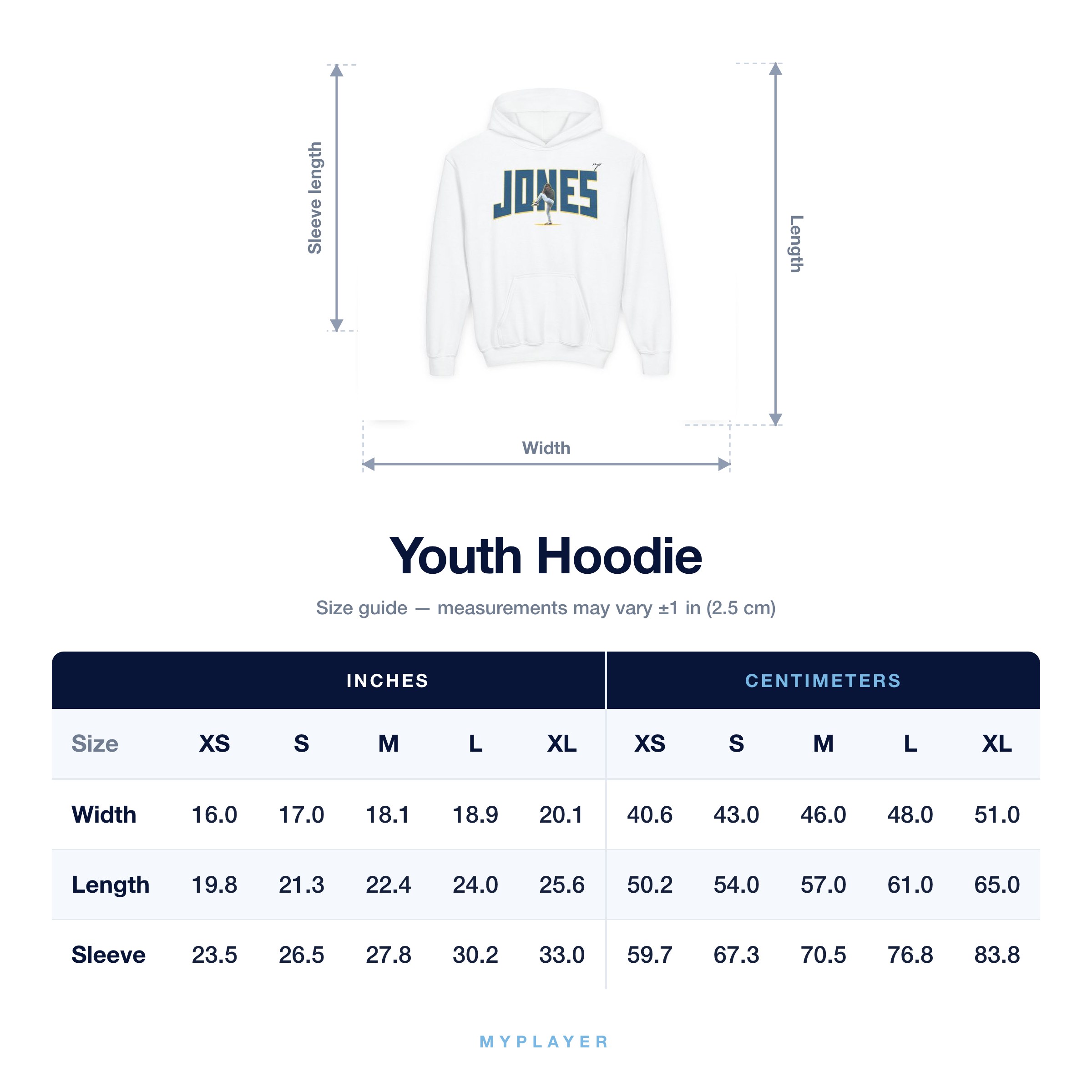 Youth Hoodie size chart