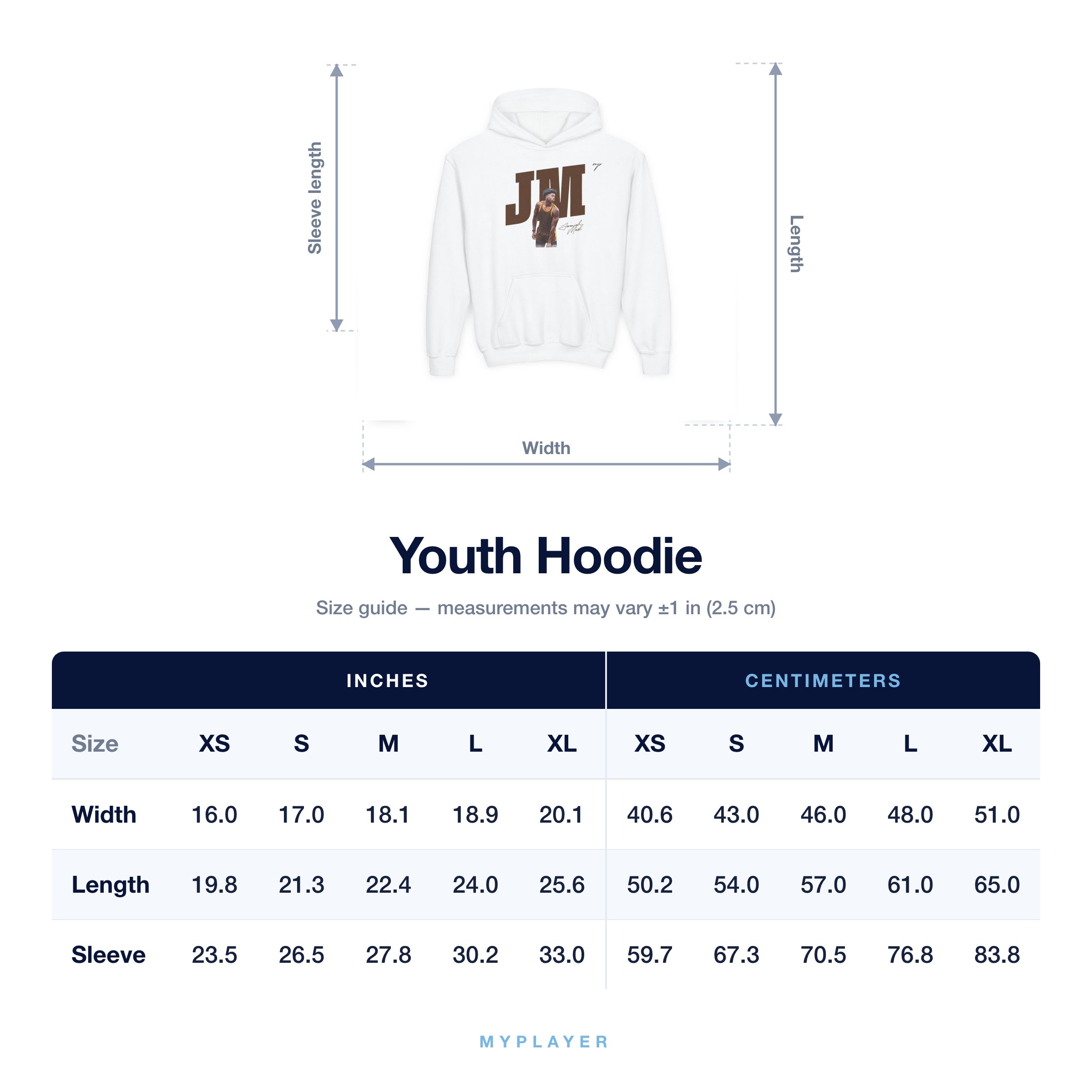 Youth Hoodie size chart