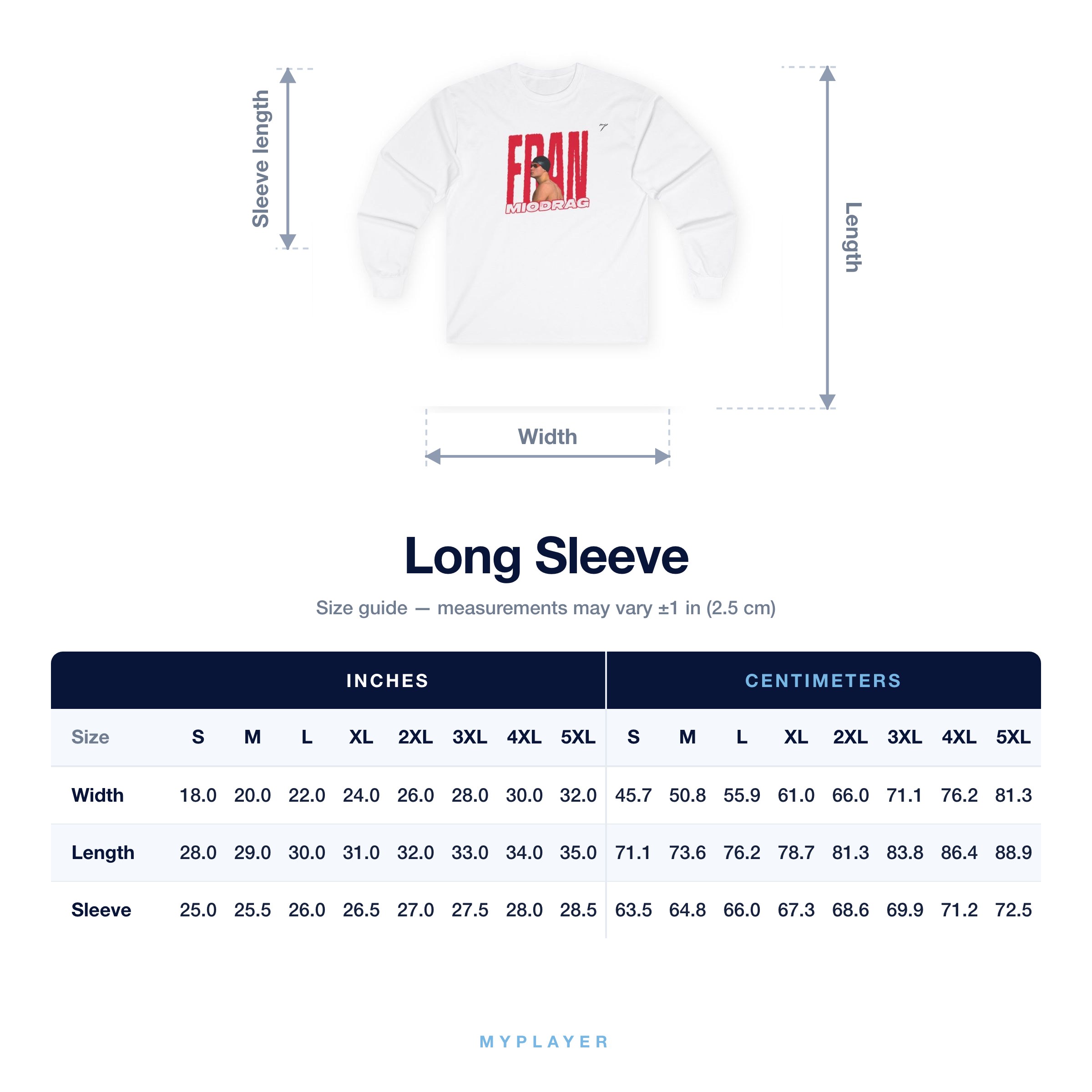Long Sleeve size chart