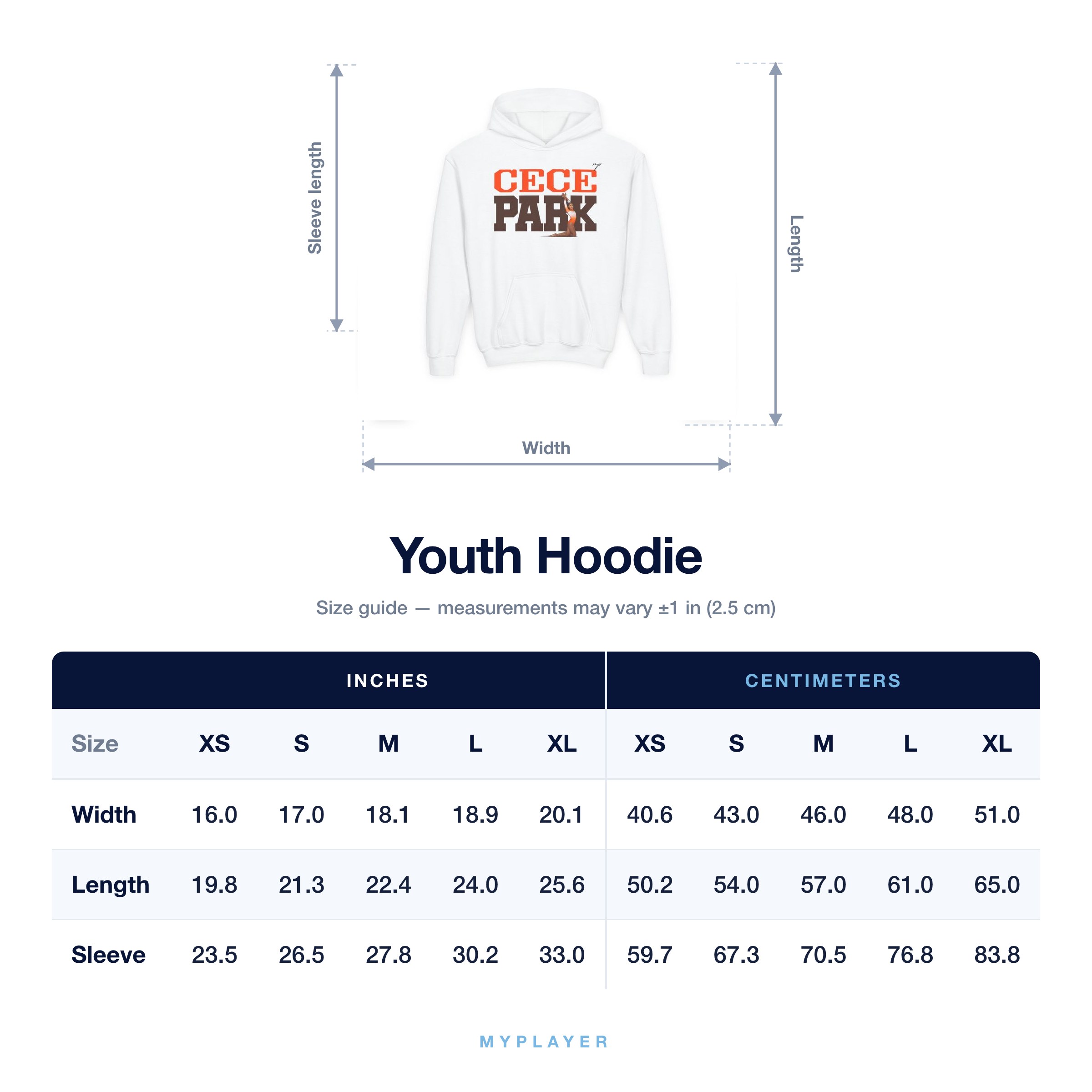 Youth Hoodie size chart