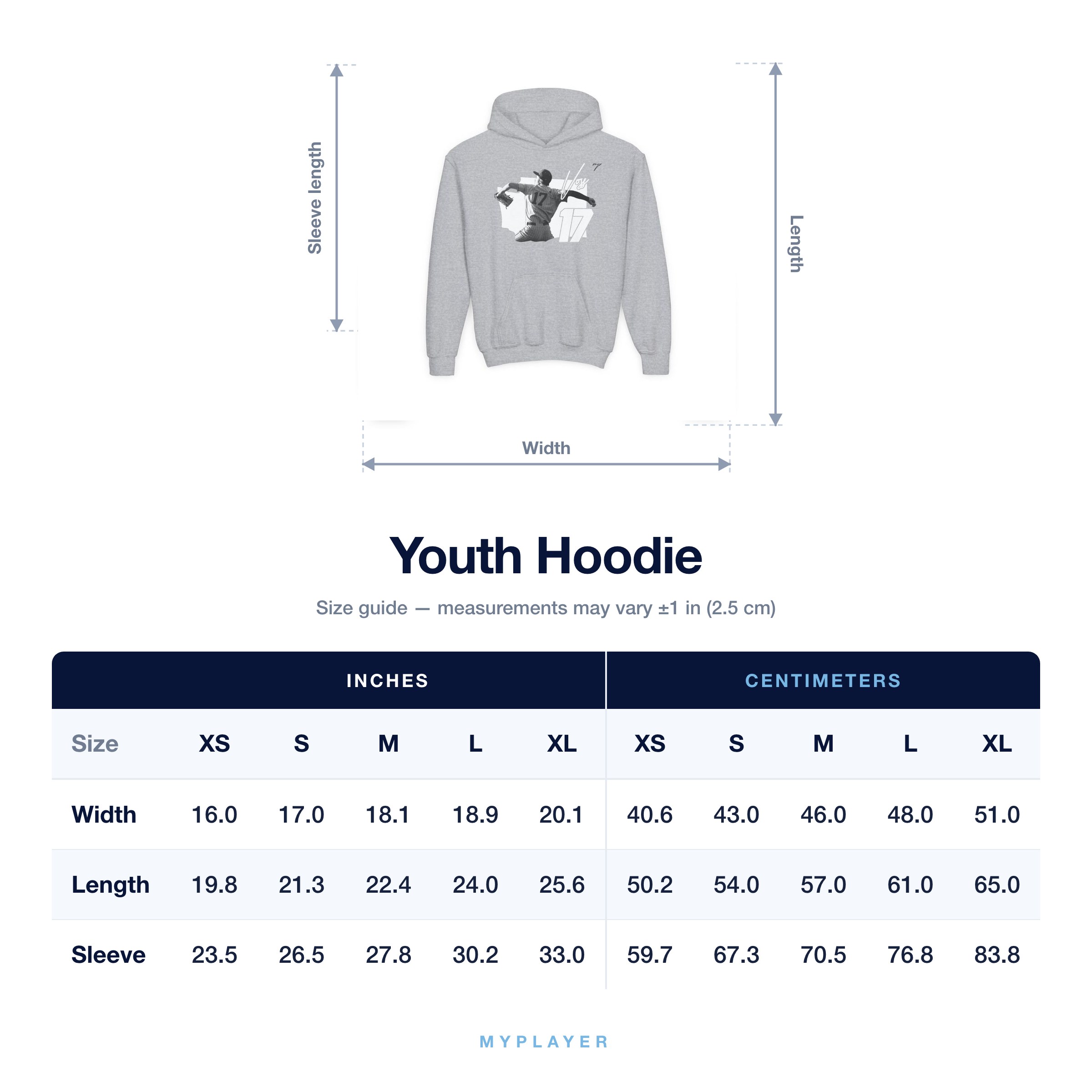 Youth Hoodie size chart