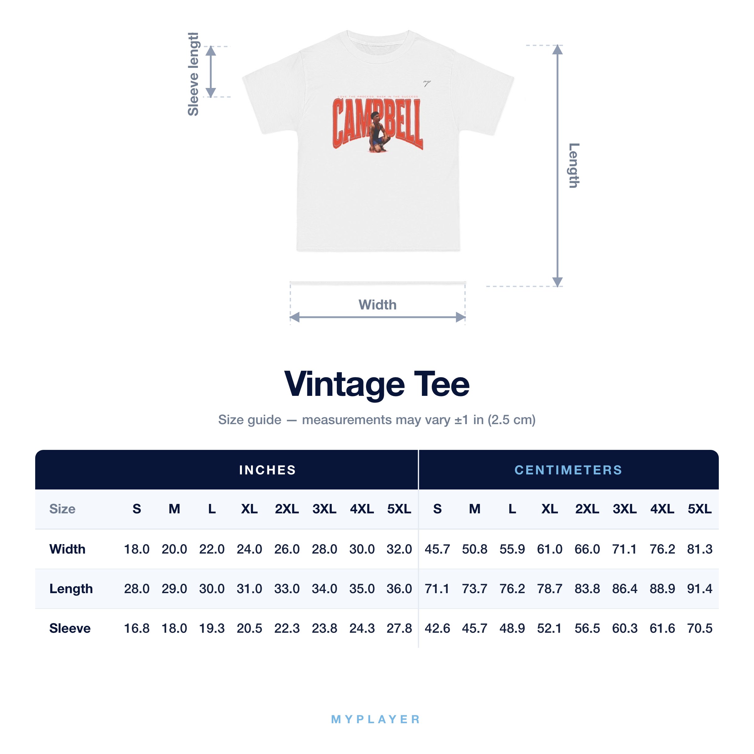 Vintage Tee size chart