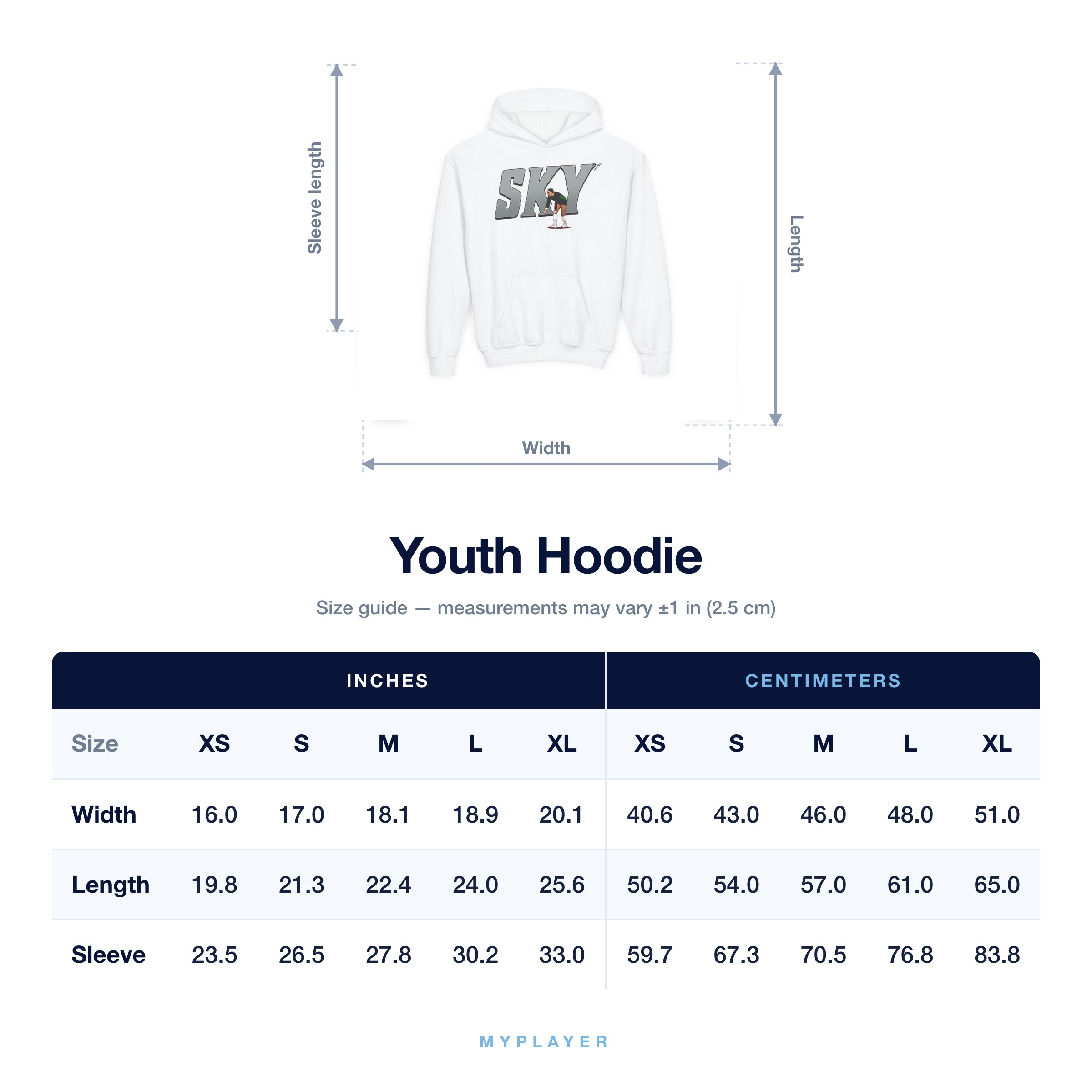 Youth Hoodie size chart