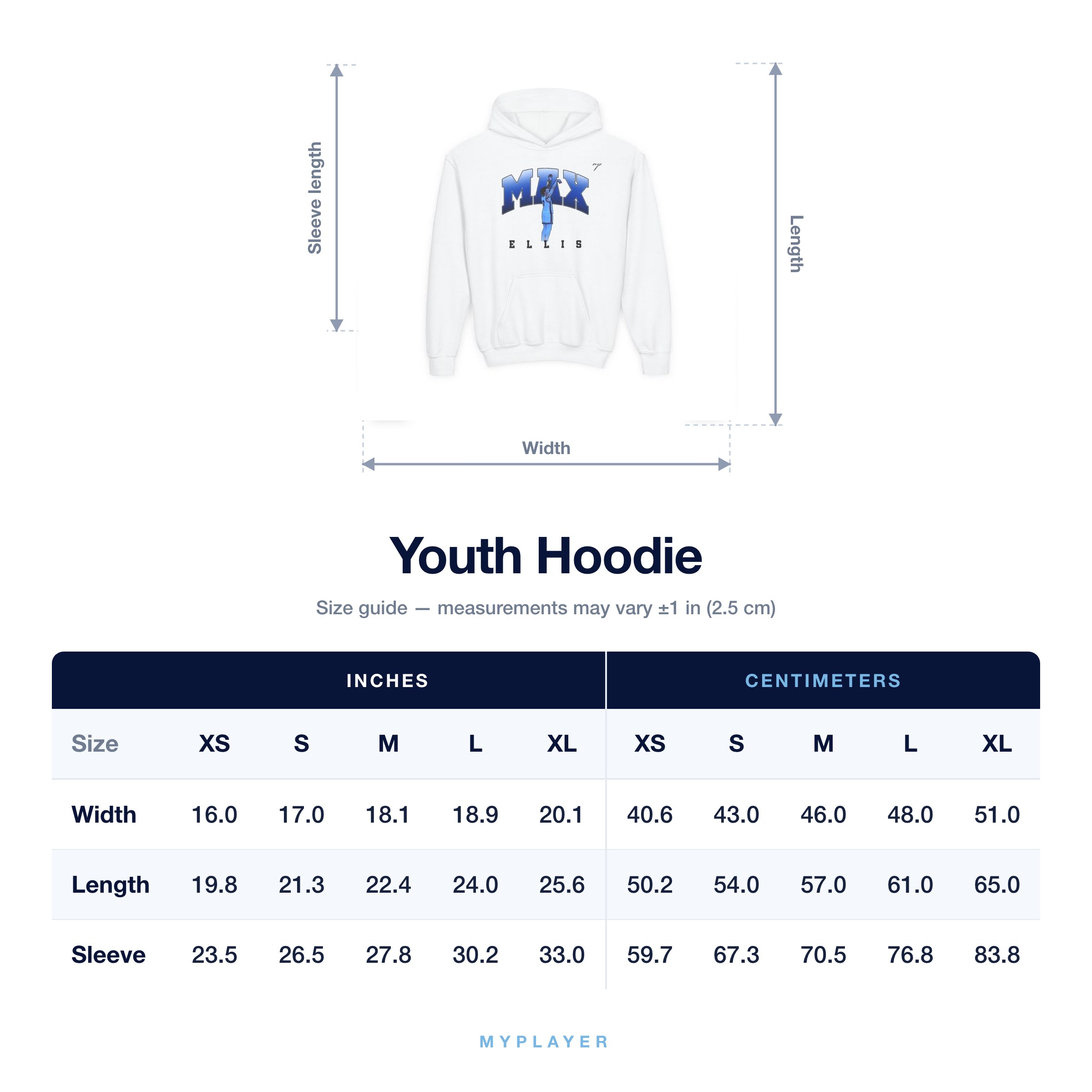 Youth Hoodie size chart