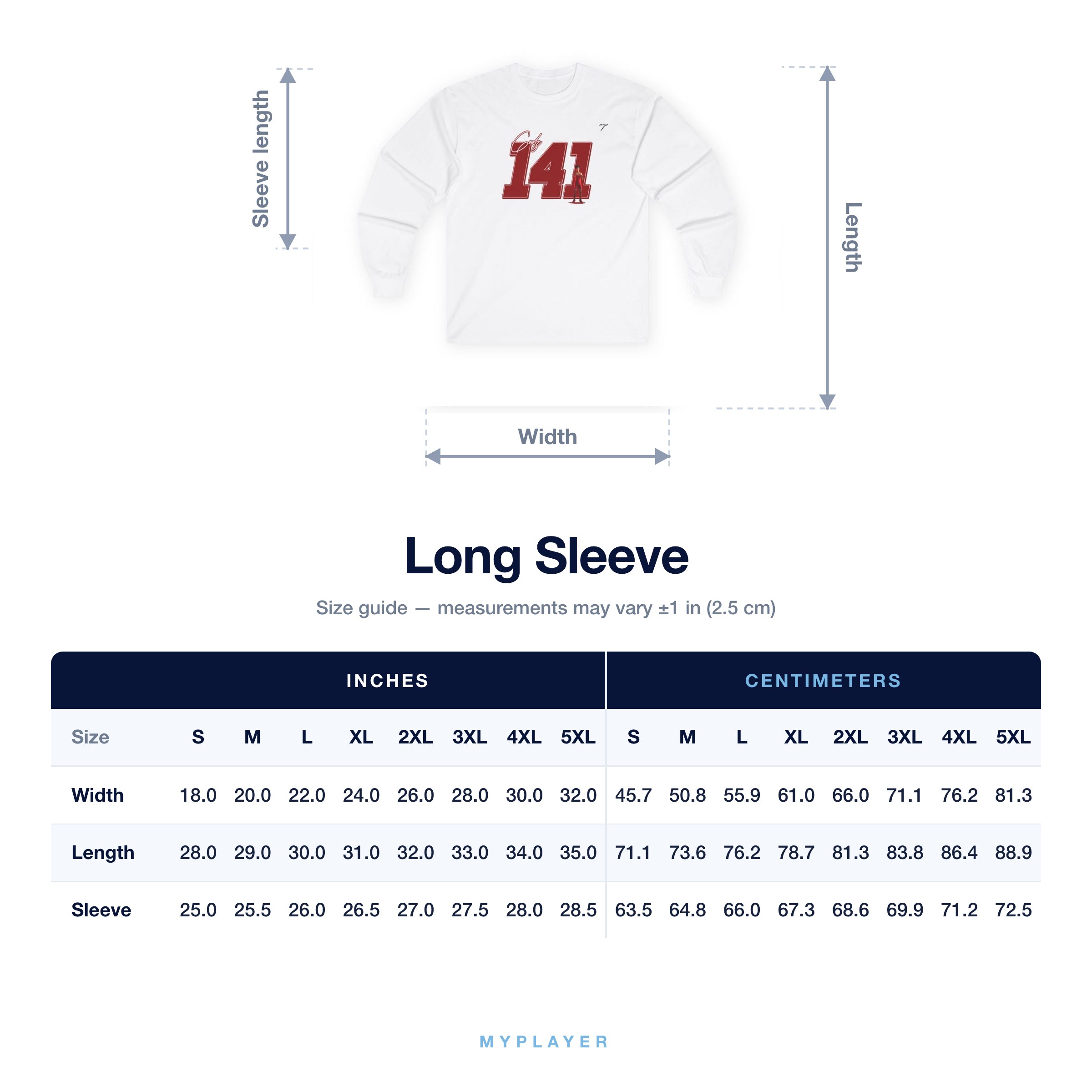 Long Sleeve size chart