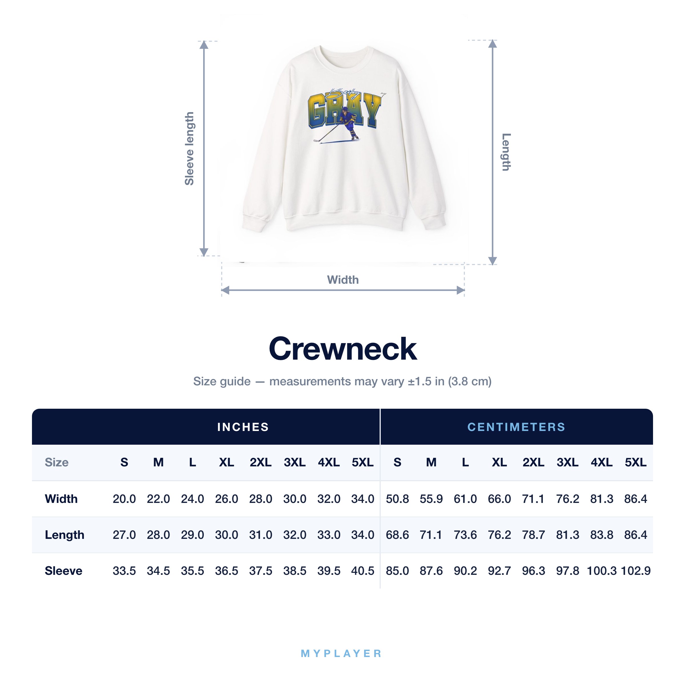 Crewneck size chart
