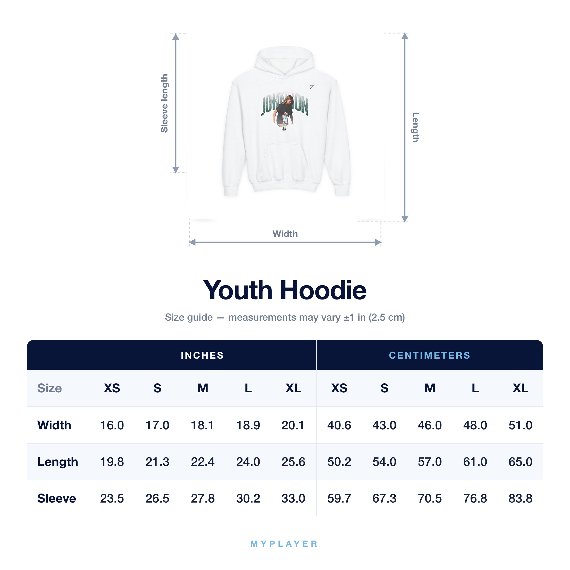 Youth Hoodie size chart
