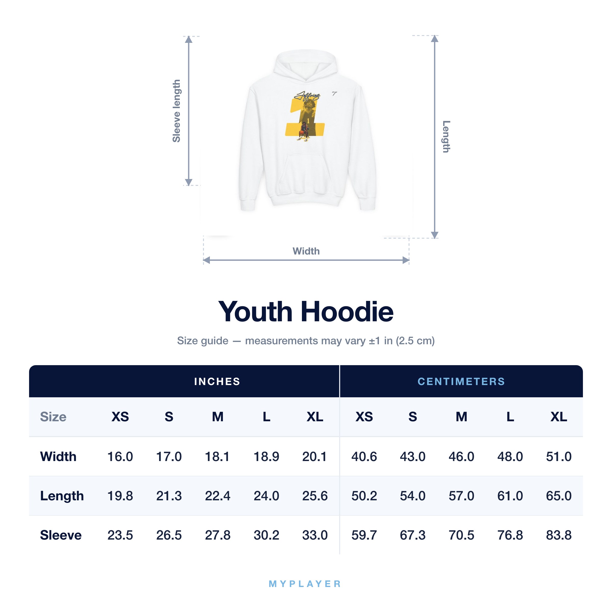 Youth Hoodie size chart