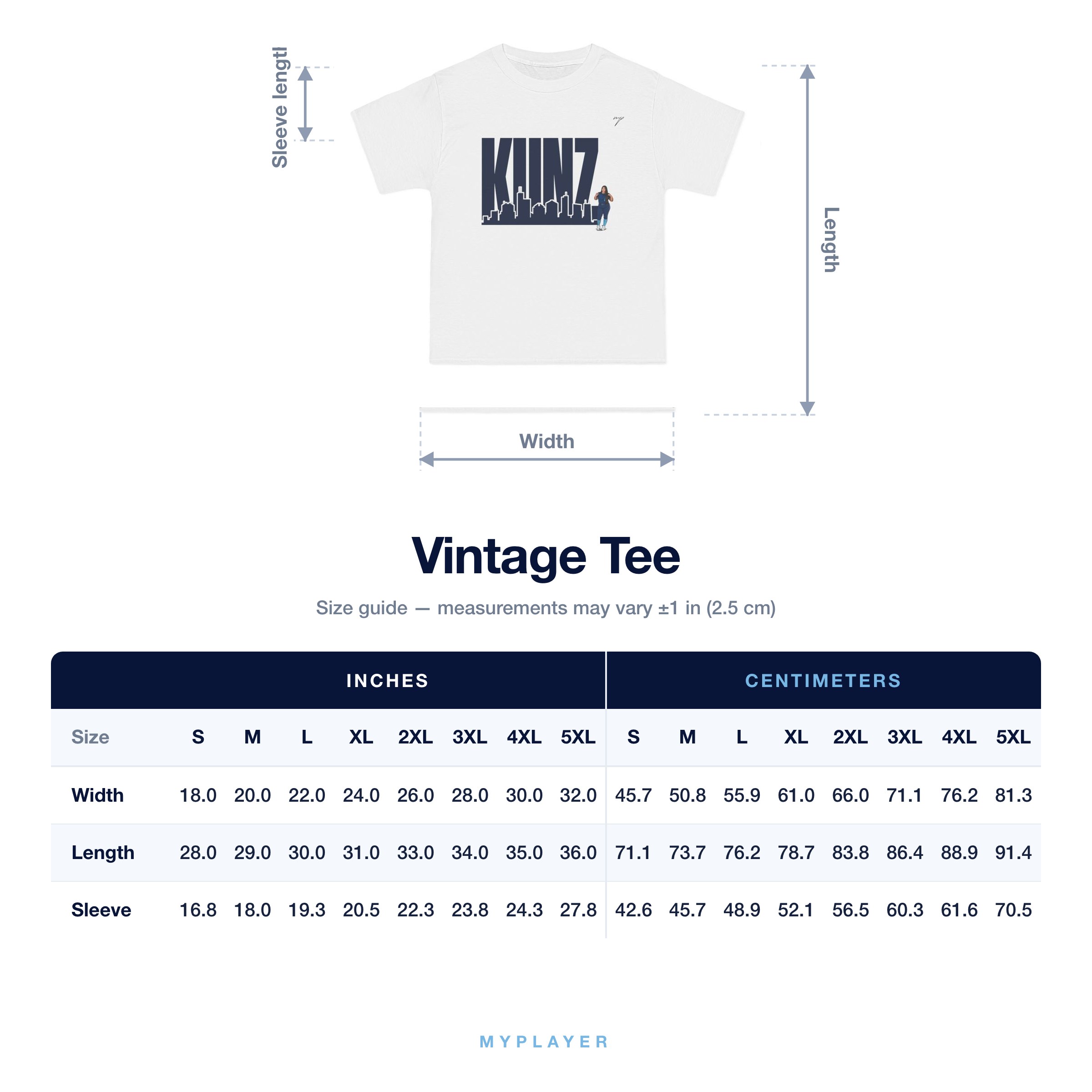Vintage Tee size chart