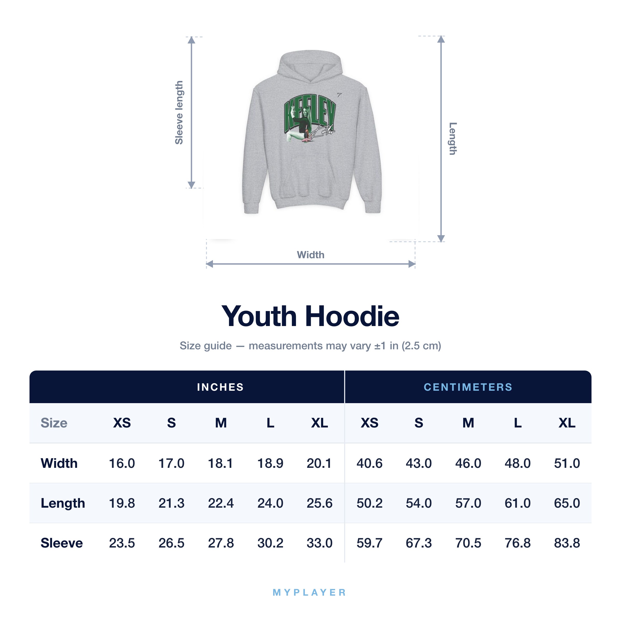 Youth Hoodie size chart