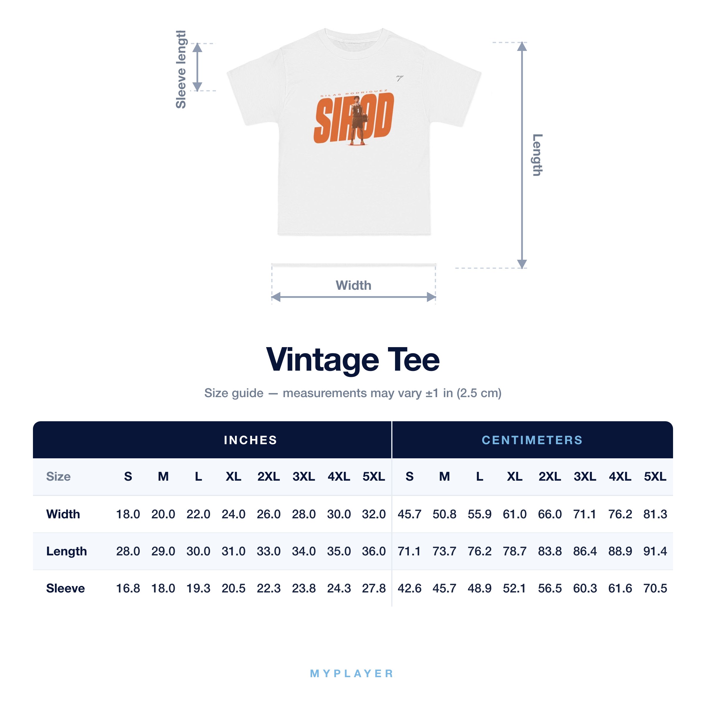 Vintage Tee size chart