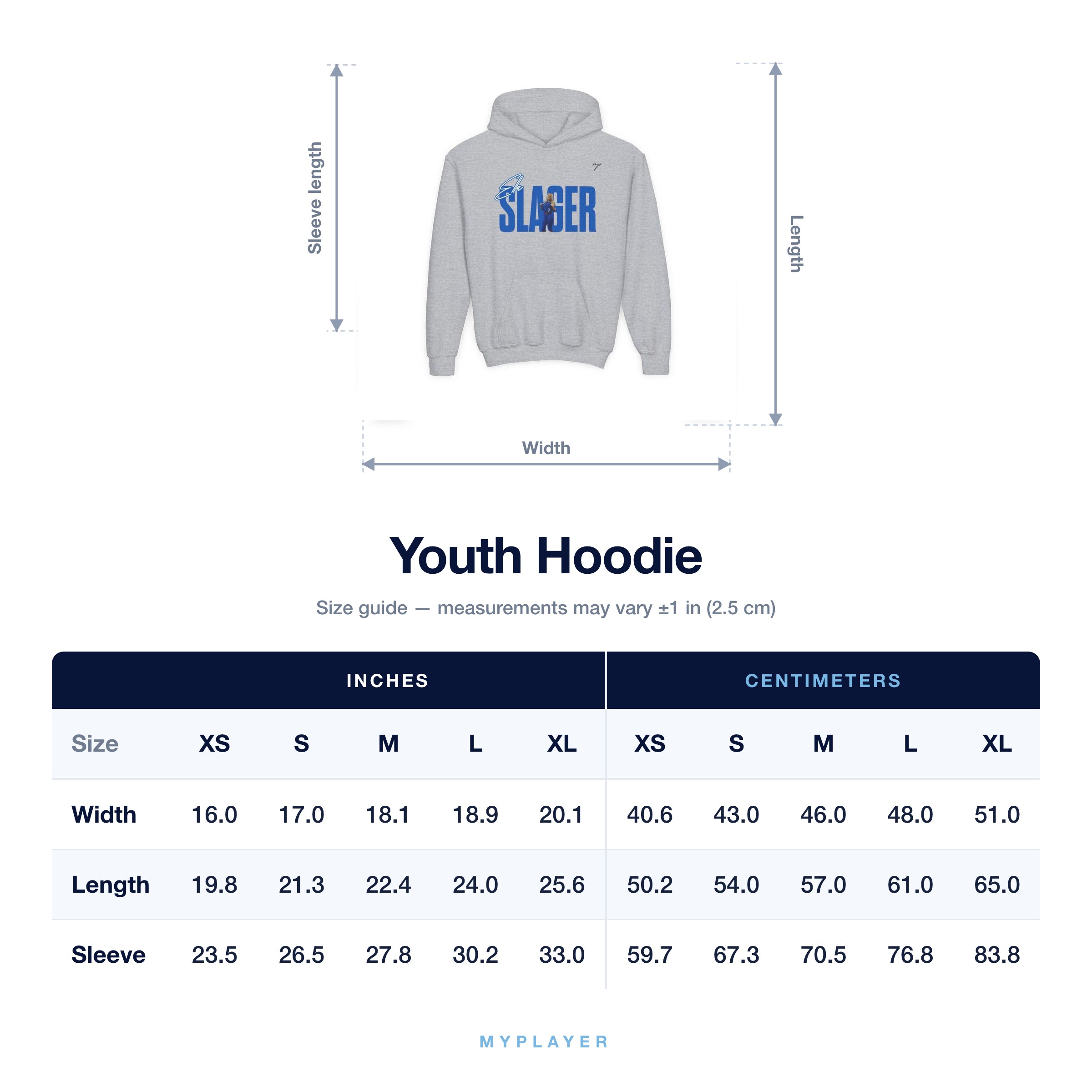Youth Hoodie size chart