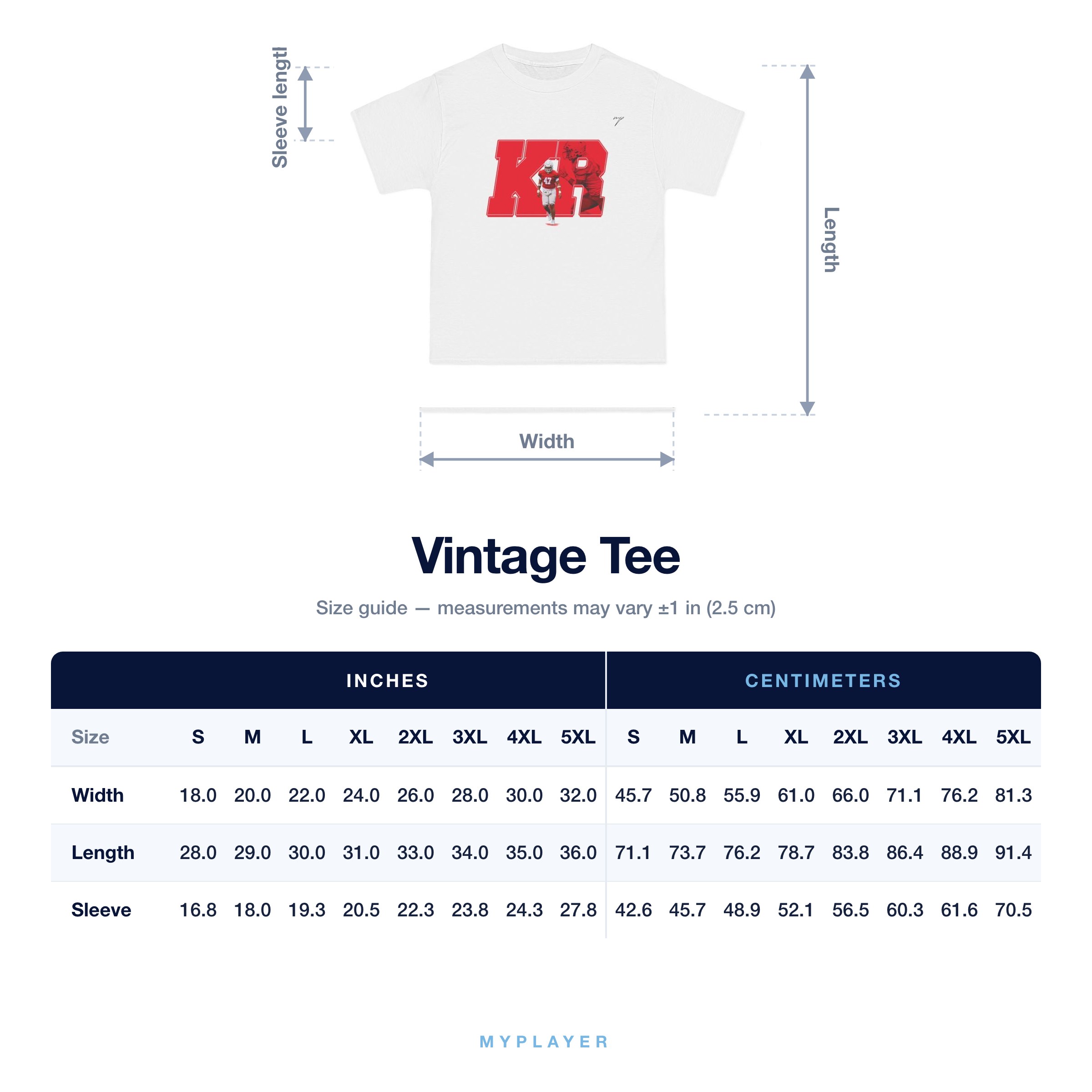 Vintage Tee size chart