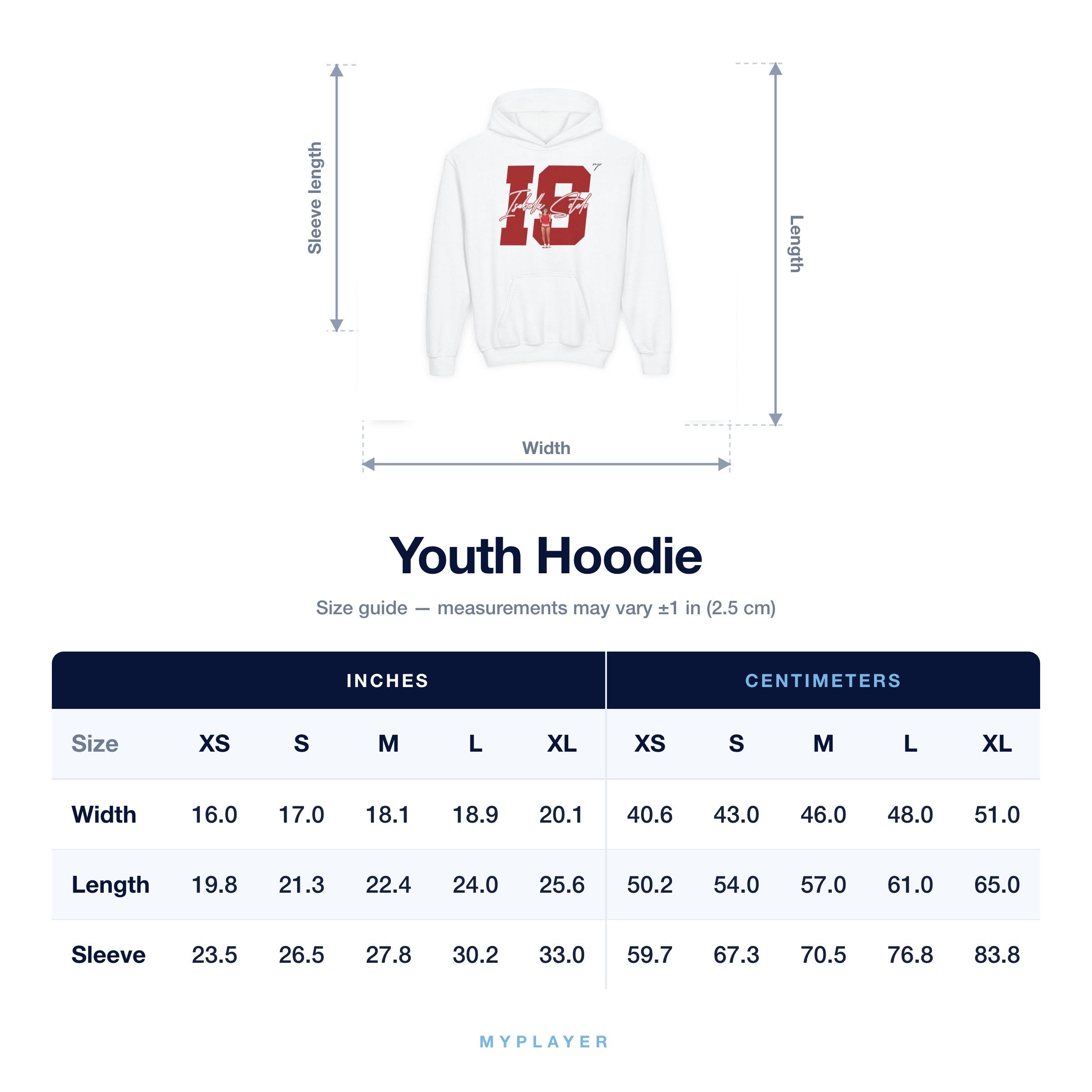 Youth Hoodie size chart
