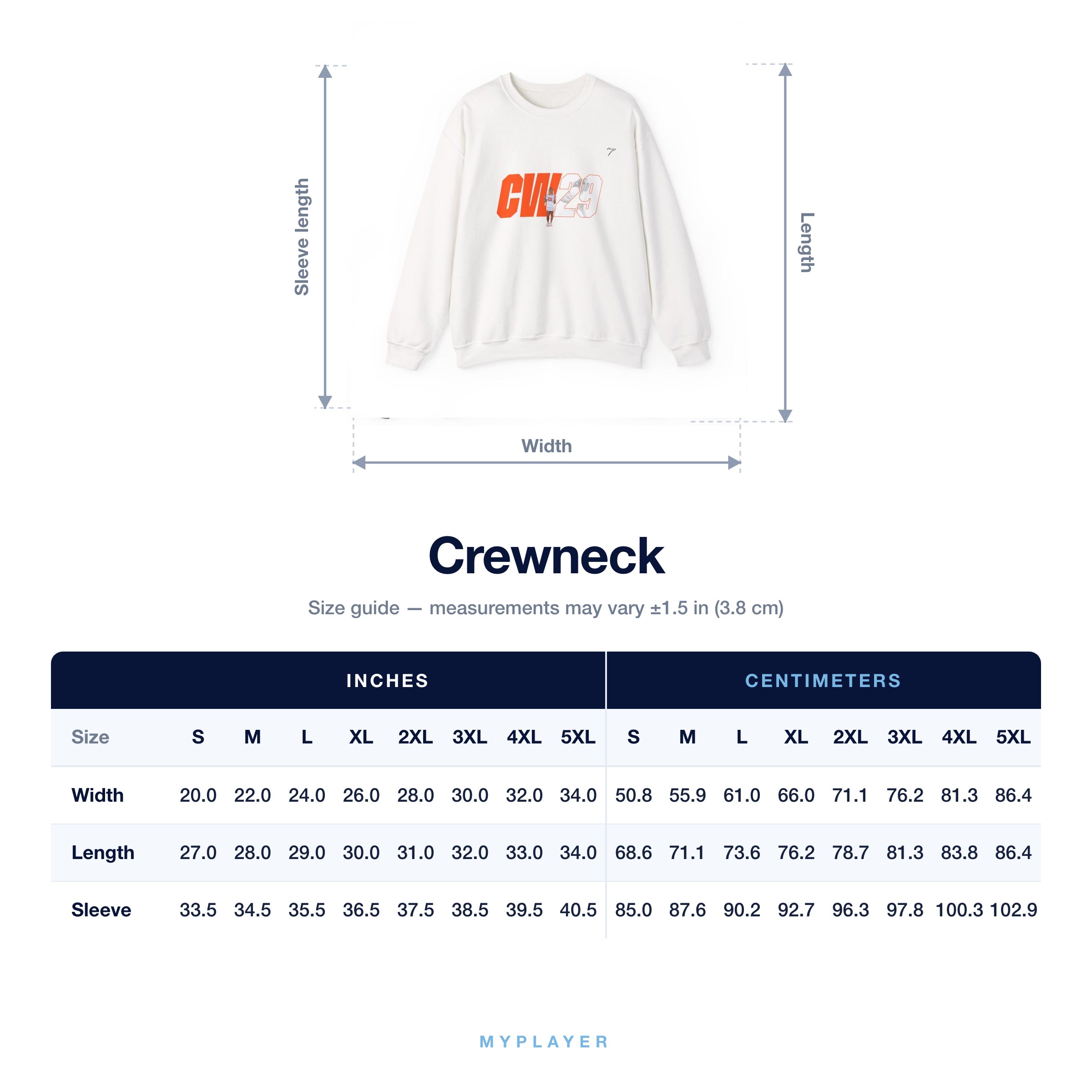Crewneck size chart